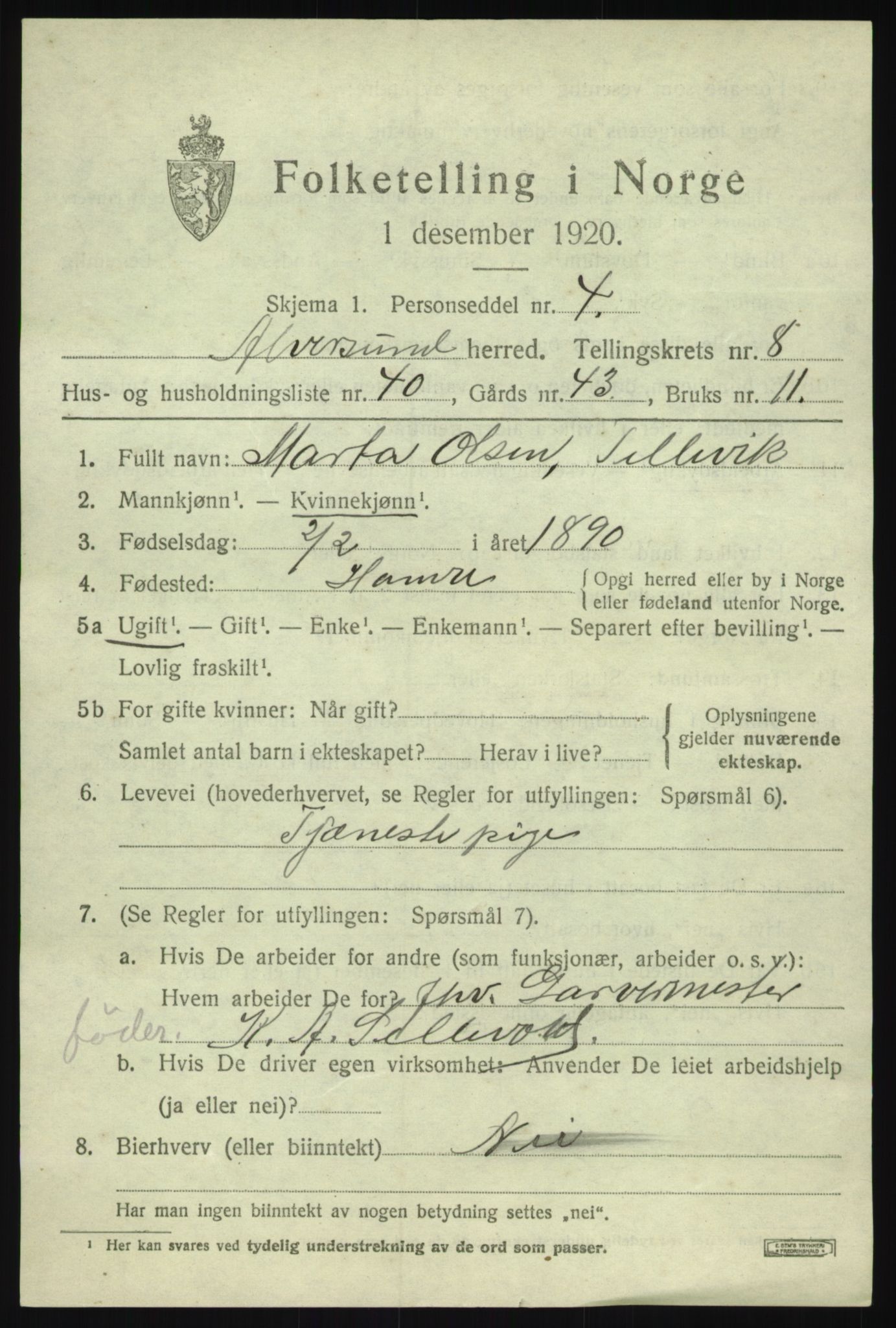 SAB, 1920 census for Alversund, 1920, p. 5296