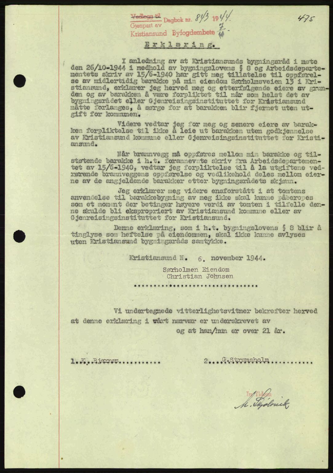 Kristiansund byfogd, SAT/A-4587/A/27: Mortgage book no. 37-38, 1943-1945, Diary no: : 843/1944