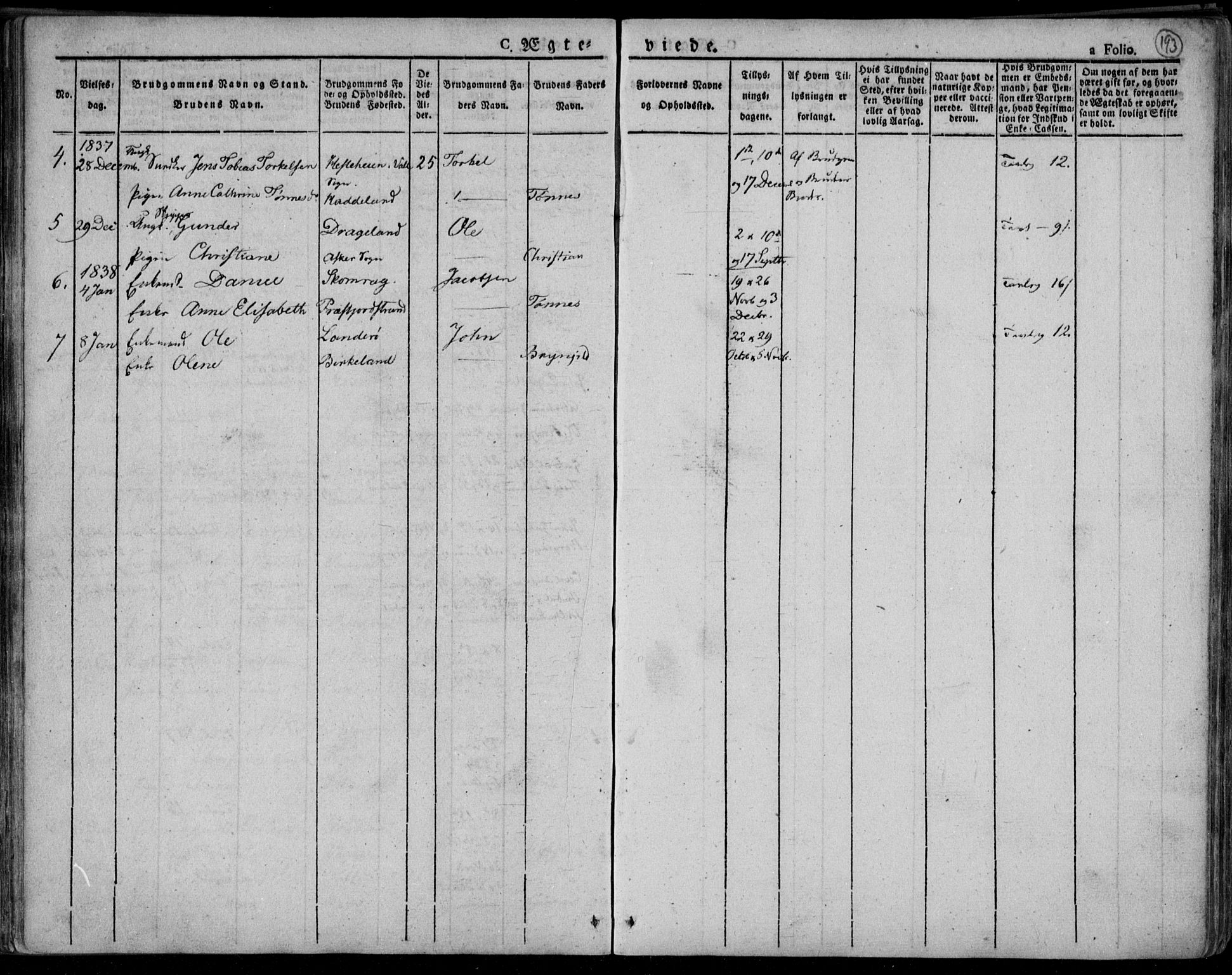 Lyngdal sokneprestkontor, AV/SAK-1111-0029/F/Fa/Fac/L0007: Parish register (official) no. A 7, 1825-1838, p. 193