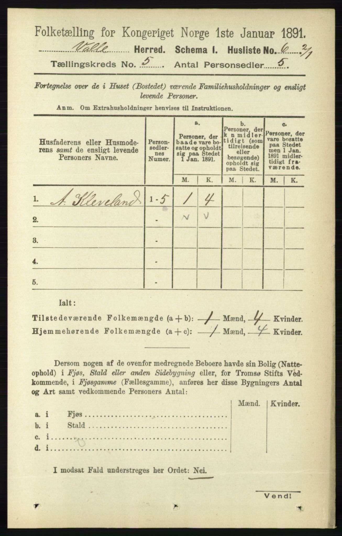 RA, 1891 census for 0940 Valle, 1891, p. 1287