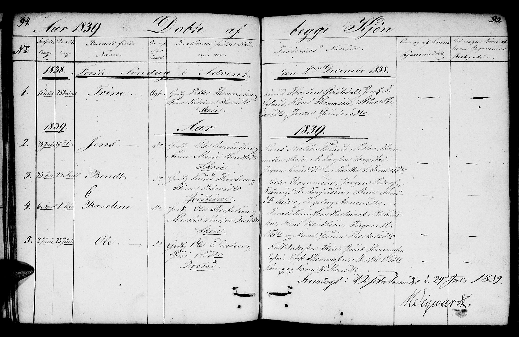 Mandal sokneprestkontor, SAK/1111-0030/F/Fb/Fbb/L0001: Parish register (copy) no. B 1, 1802-1846, p. 94-95