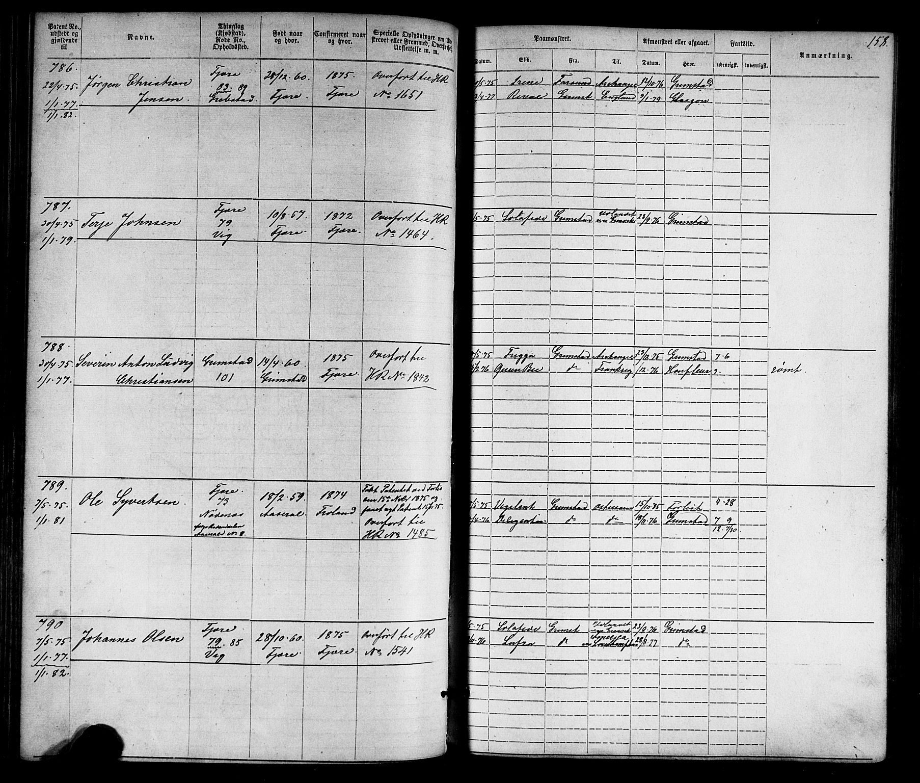 Grimstad mønstringskrets, SAK/2031-0013/F/Fa/L0005: Annotasjonsrulle nr 1-1910 med register, V-18, 1870-1892, p. 185