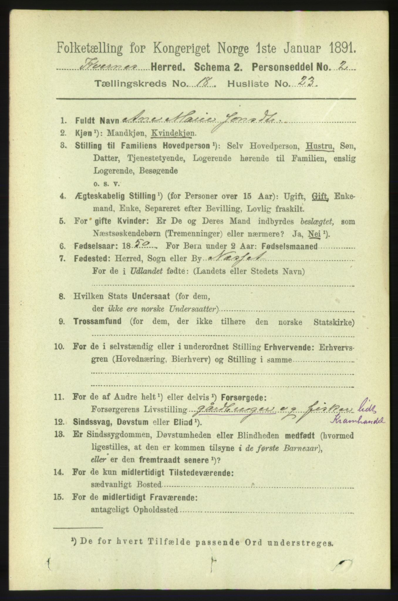 RA, 1891 census for 1553 Kvernes, 1891, p. 7909