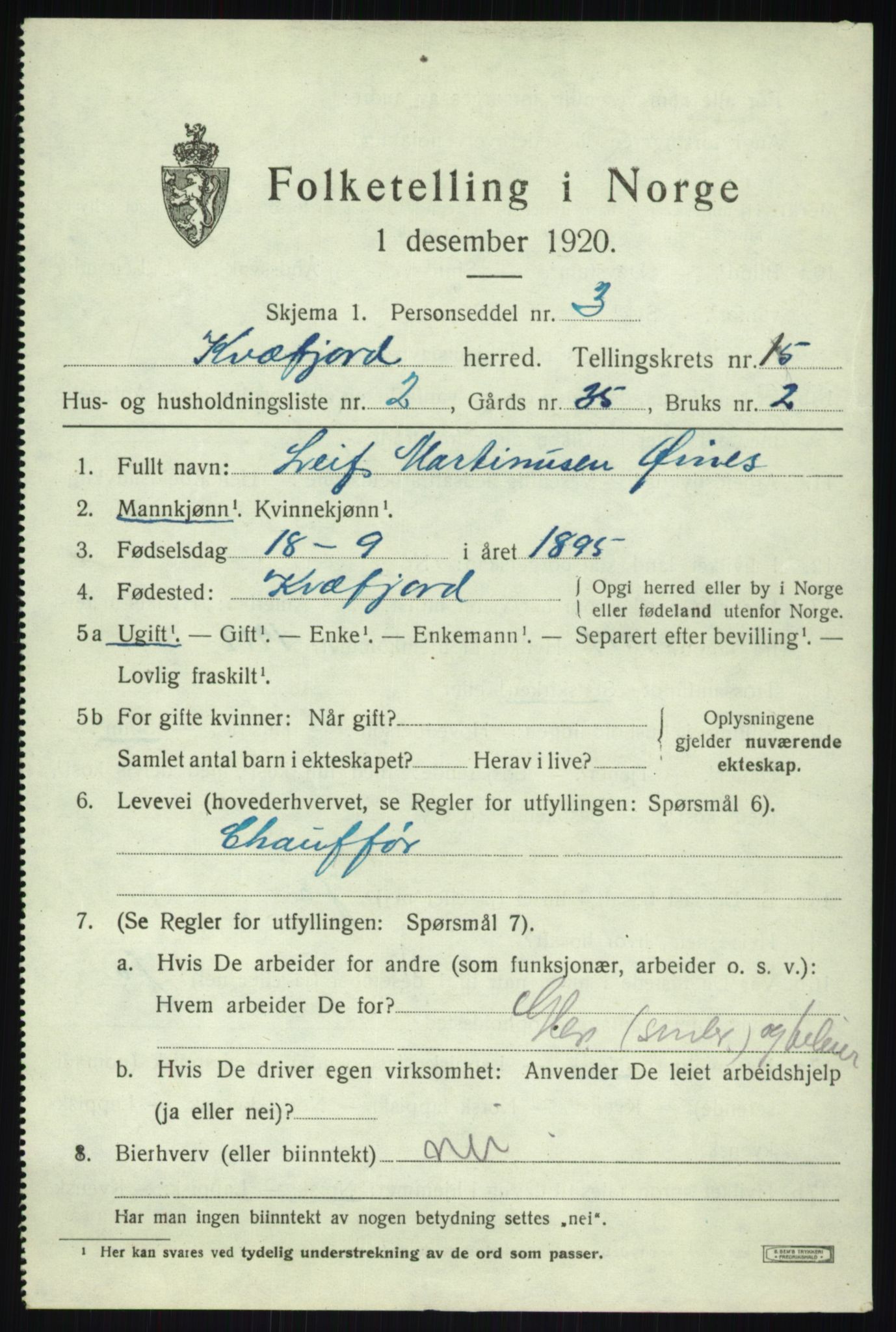 SATØ, 1920 census for Kvæfjord, 1920, p. 6925