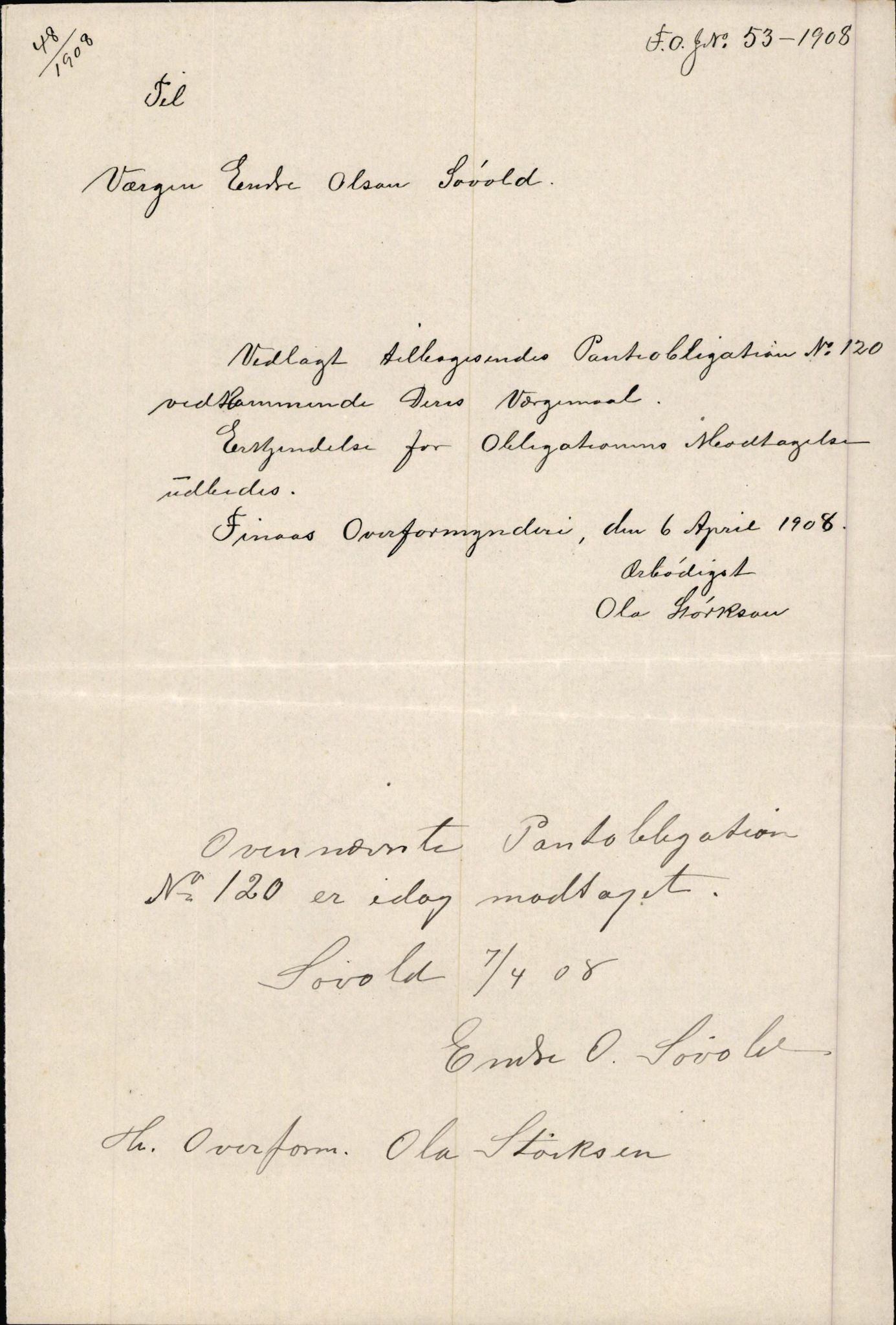 Finnaas kommune. Overformynderiet, IKAH/1218a-812/D/Da/Daa/L0002/0003: Kronologisk ordna korrespondanse / Kronologisk ordna korrespondanse, 1905-1909, p. 118