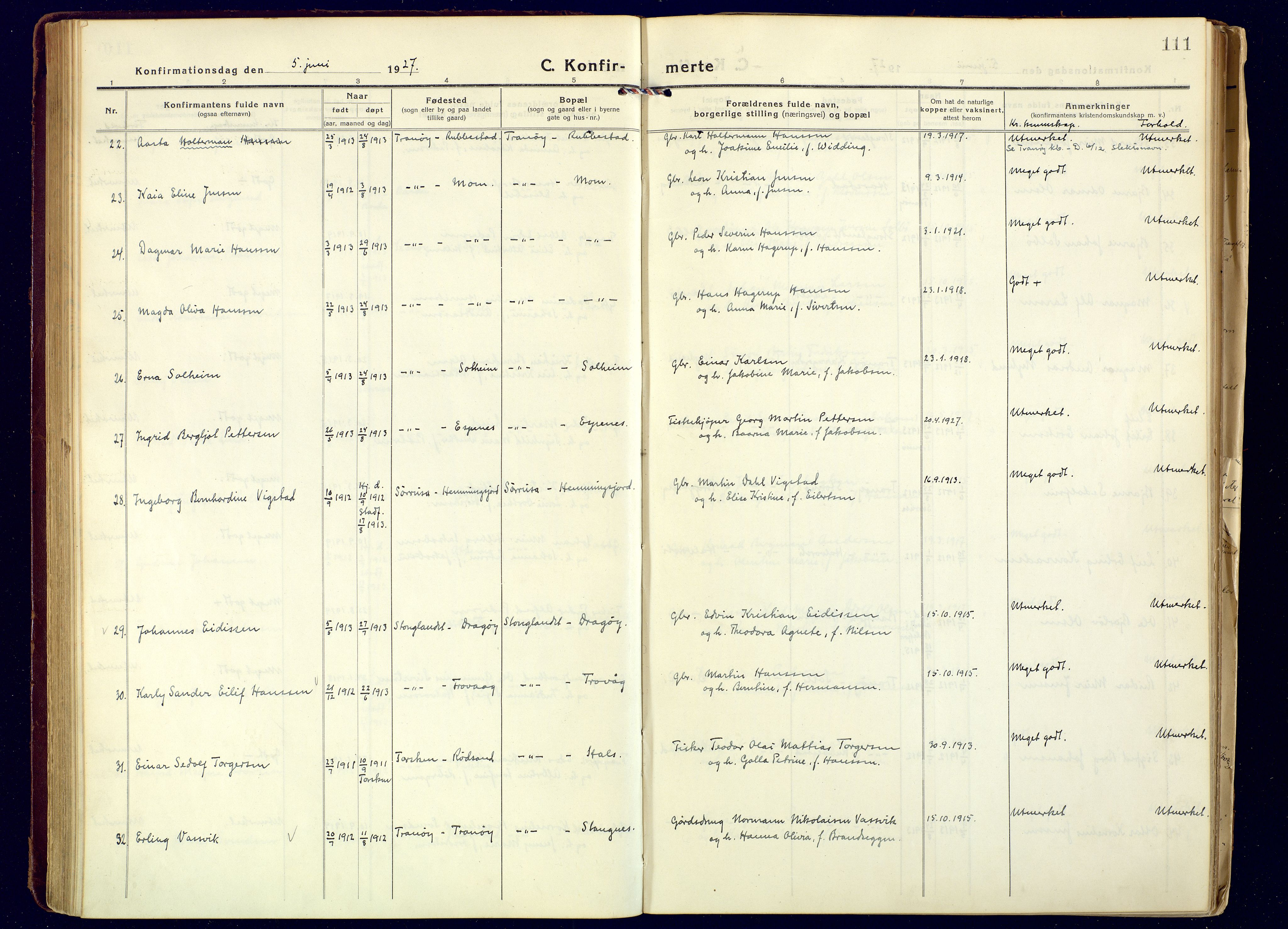 Tranøy sokneprestkontor, AV/SATØ-S-1313/I/Ia/Iaa/L0016kirke: Parish register (official) no. 16, 1919-1932, p. 111