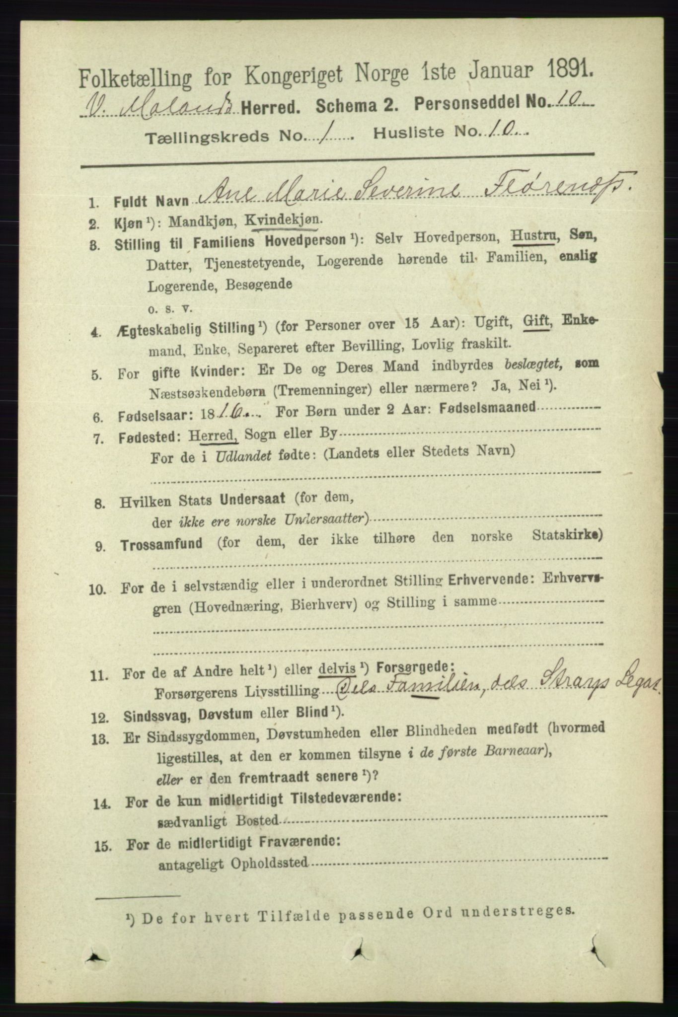 RA, 1891 census for 0926 Vestre Moland, 1891, p. 170