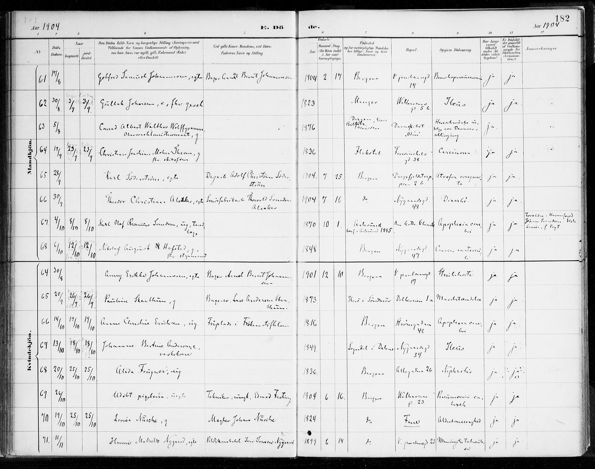 Johanneskirken sokneprestembete, SAB/A-76001/H/Haa/L0019: Parish register (official) no. E 1, 1885-1915, p. 182