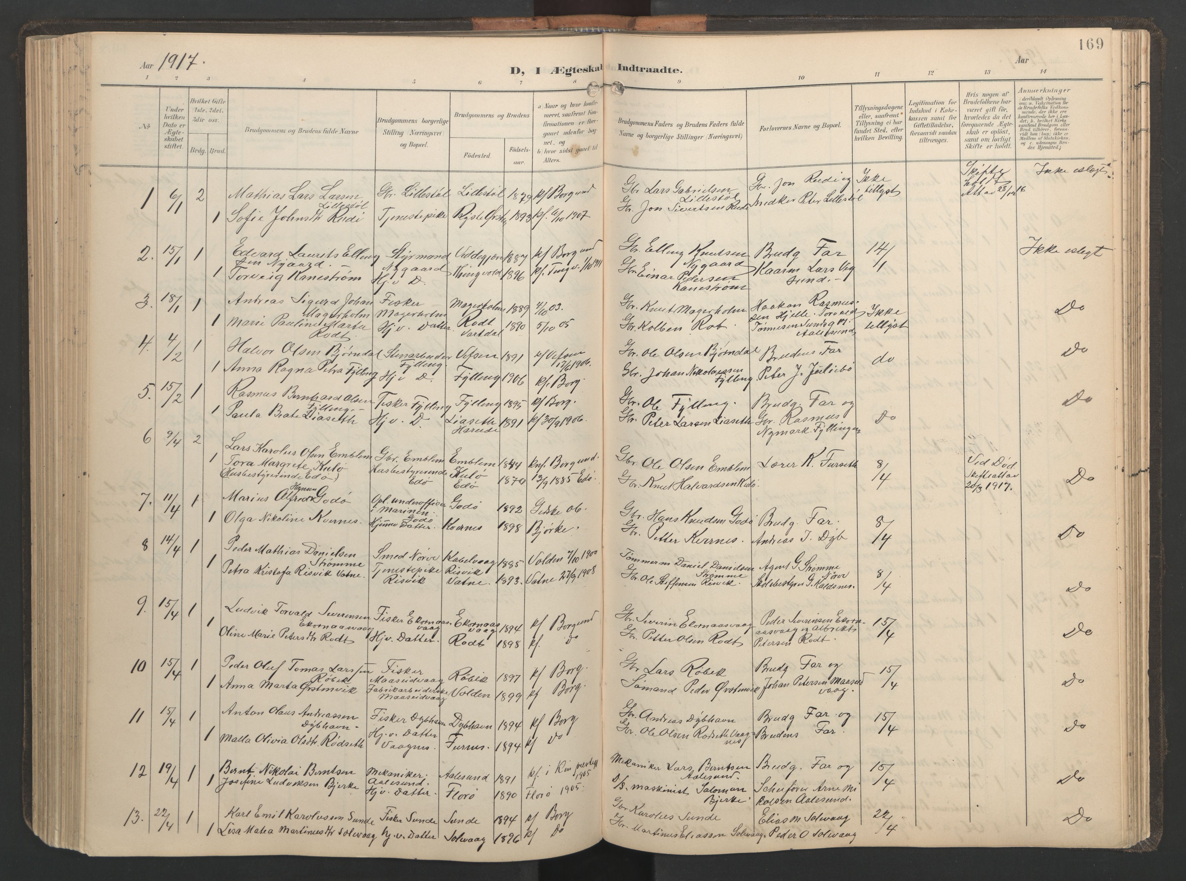 Ministerialprotokoller, klokkerbøker og fødselsregistre - Møre og Romsdal, AV/SAT-A-1454/528/L0433: Parish register (copy) no. 528C14, 1899-1922, p. 169