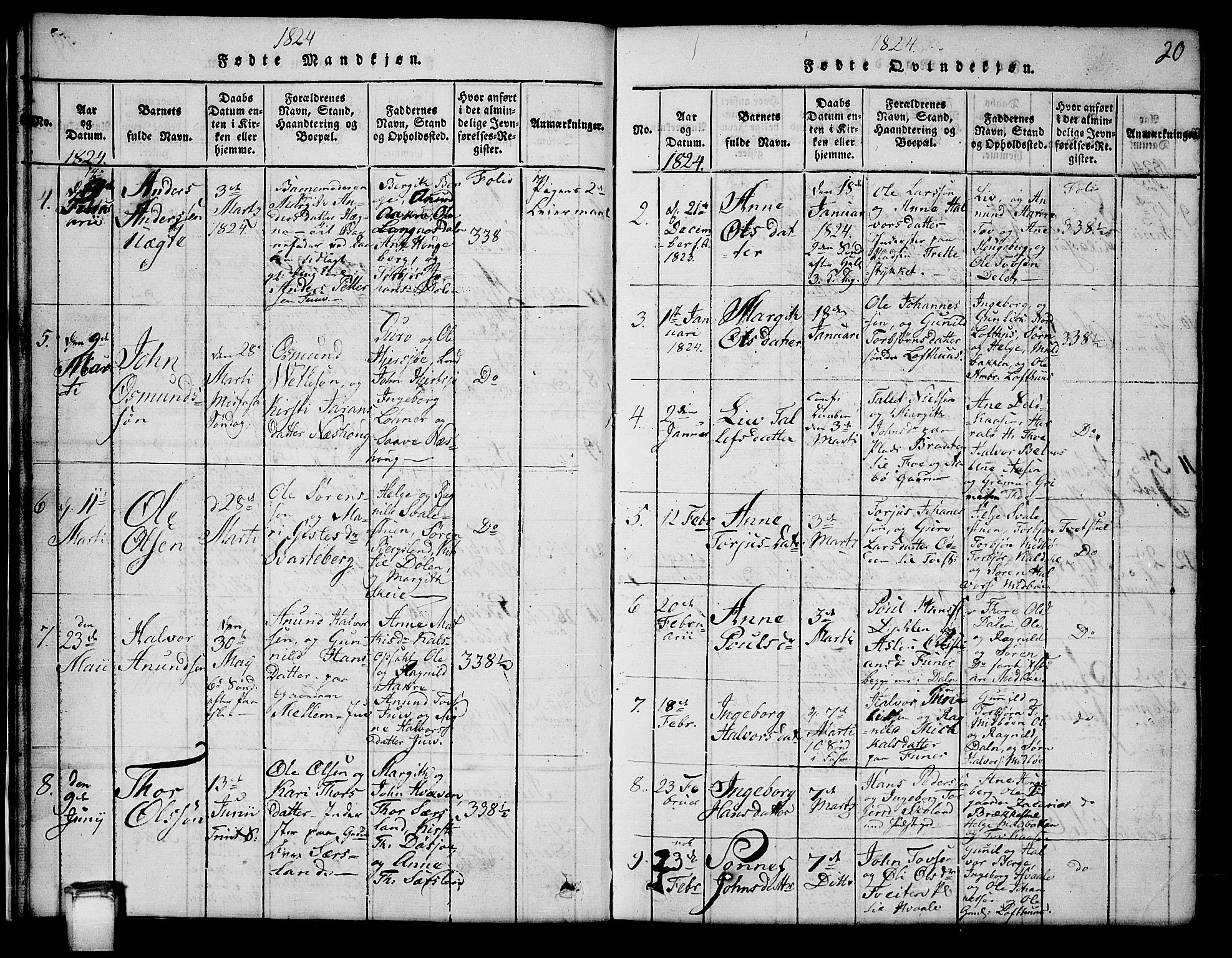 Hjartdal kirkebøker, SAKO/A-270/G/Ga/L0001: Parish register (copy) no. I 1, 1815-1842, p. 20