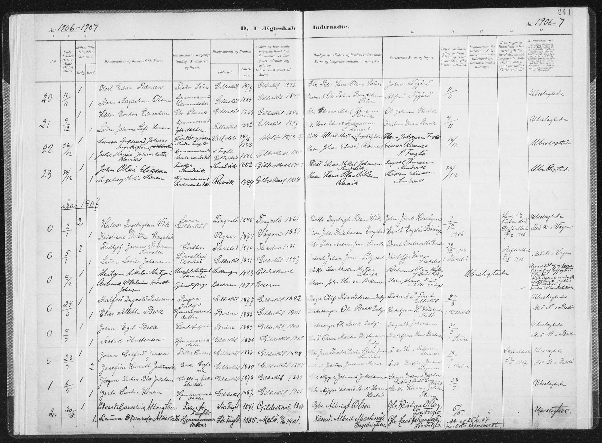 Ministerialprotokoller, klokkerbøker og fødselsregistre - Nordland, AV/SAT-A-1459/805/L0103: Parish register (official) no. 805A08II, 1900-1909, p. 241