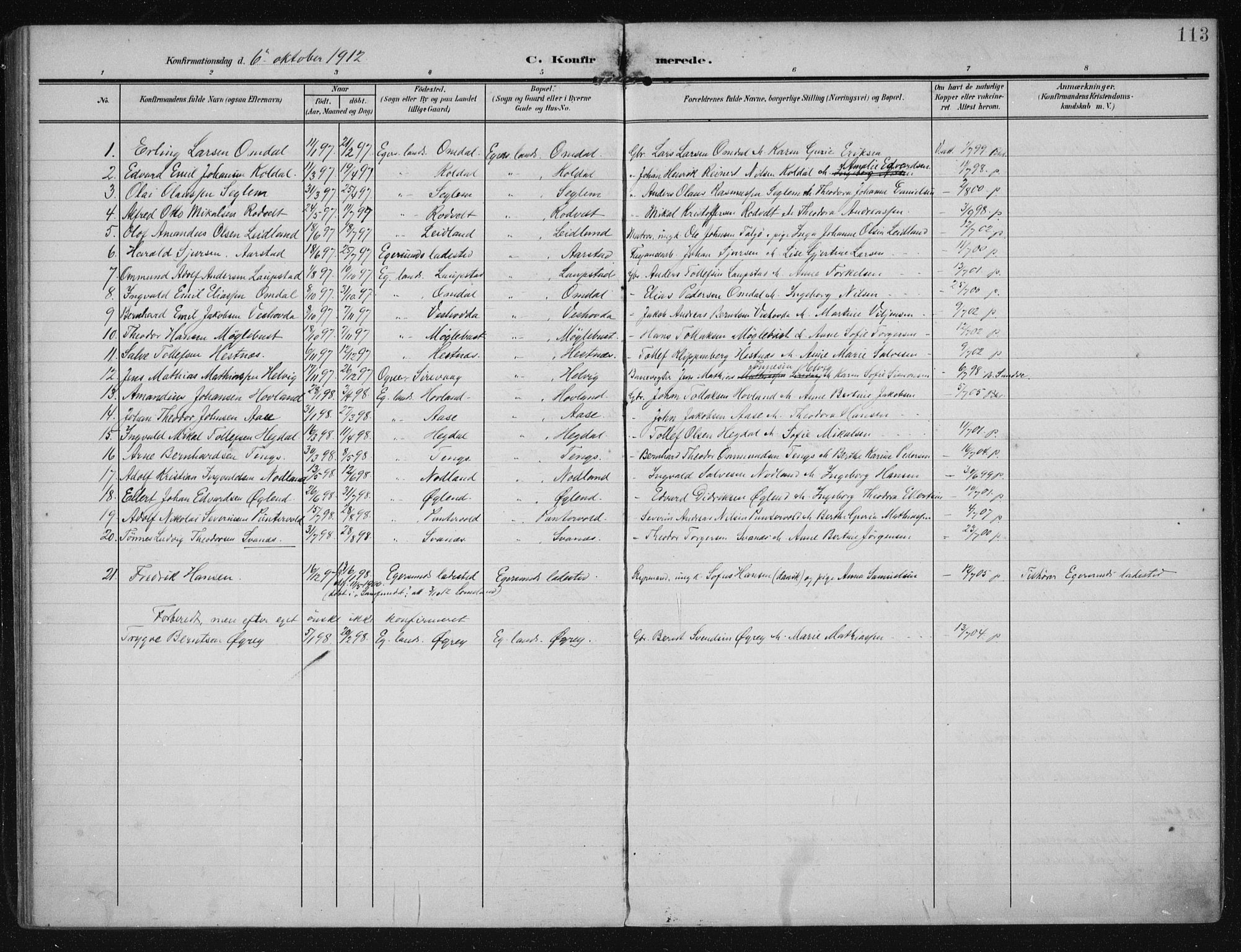 Eigersund sokneprestkontor, AV/SAST-A-101807/001/30/30BA/L0021: Parish register (official) no. A 20, 1906-1928, p. 113