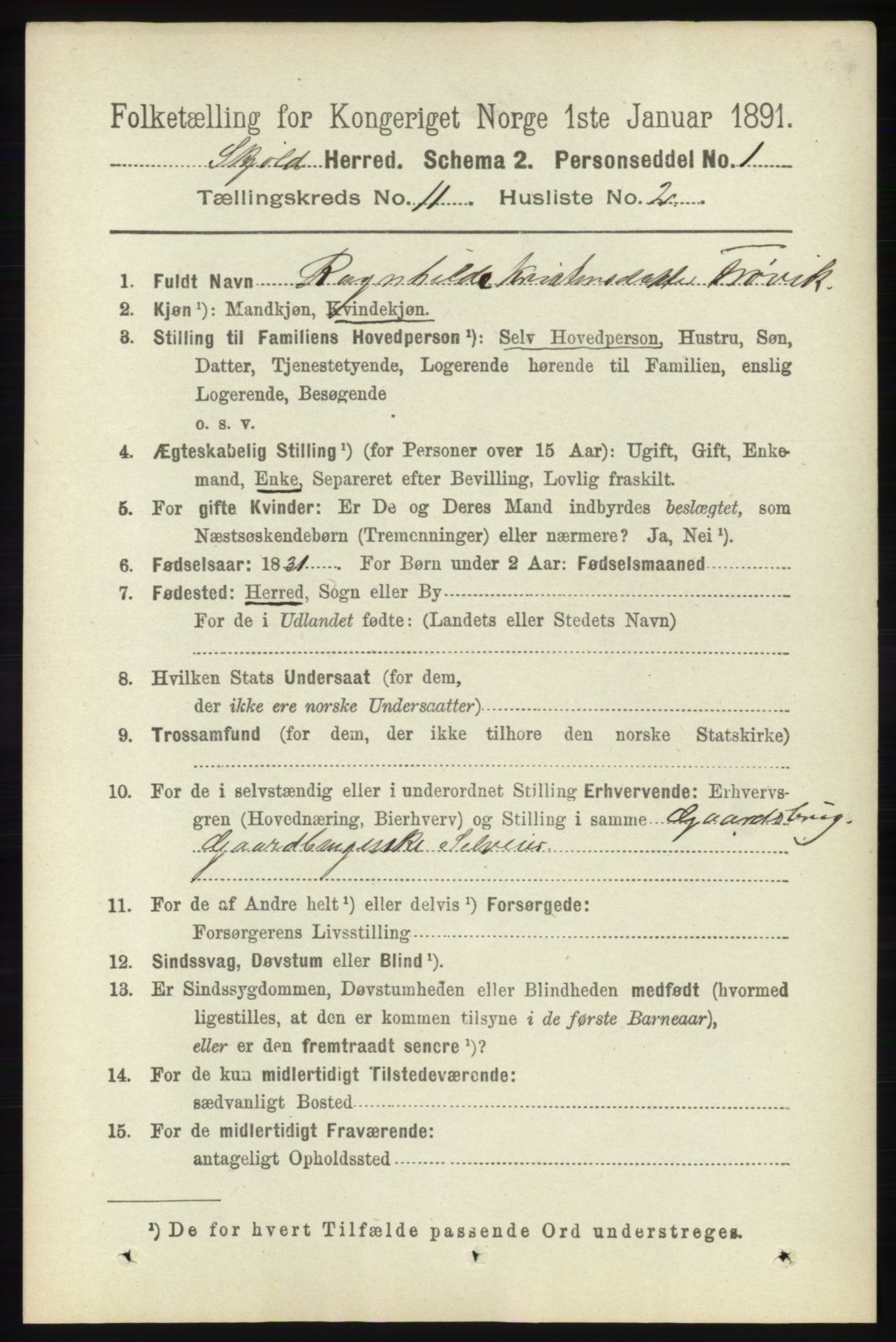 RA, 1891 census for 1154 Skjold, 1891, p. 2075