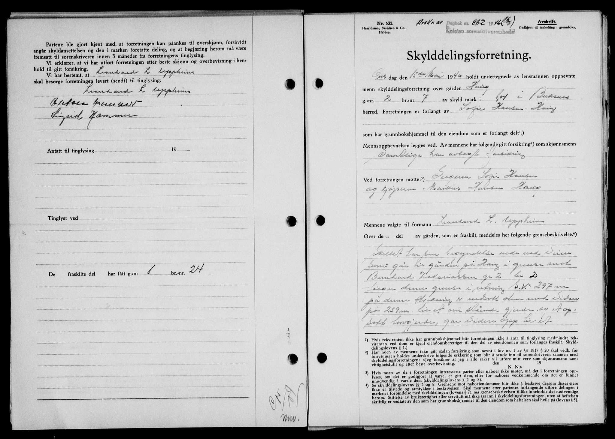 Lofoten sorenskriveri, SAT/A-0017/1/2/2C/L0014a: Mortgage book no. 14a, 1946-1946, Diary no: : 882/1946