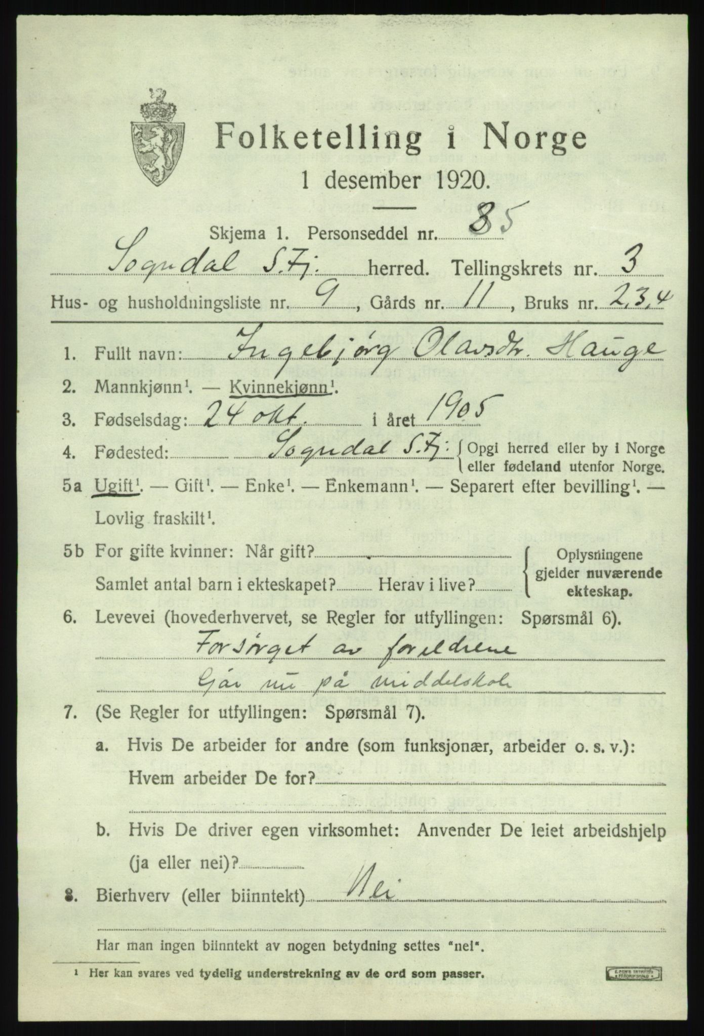 SAB, 1920 census for Sogndal, 1920, p. 2369