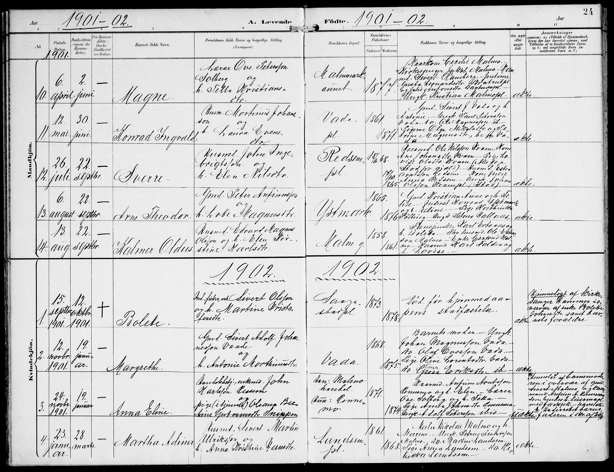 Ministerialprotokoller, klokkerbøker og fødselsregistre - Nord-Trøndelag, AV/SAT-A-1458/745/L0430: Parish register (official) no. 745A02, 1895-1913, p. 24