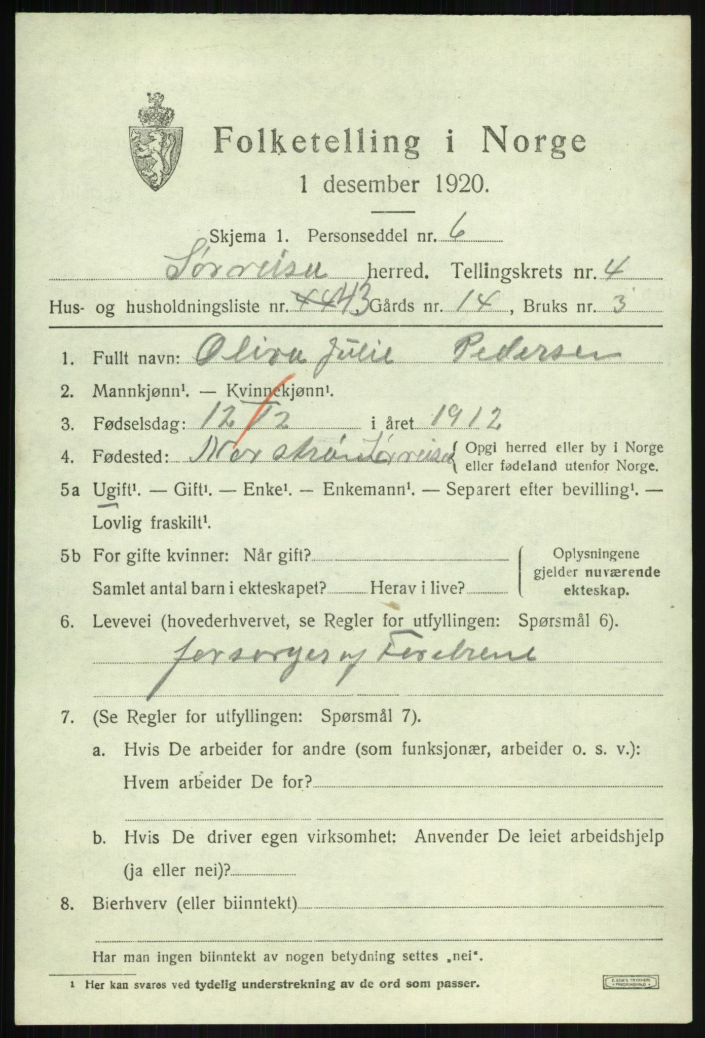 SATØ, 1920 census for Sørreisa, 1920, p. 2336