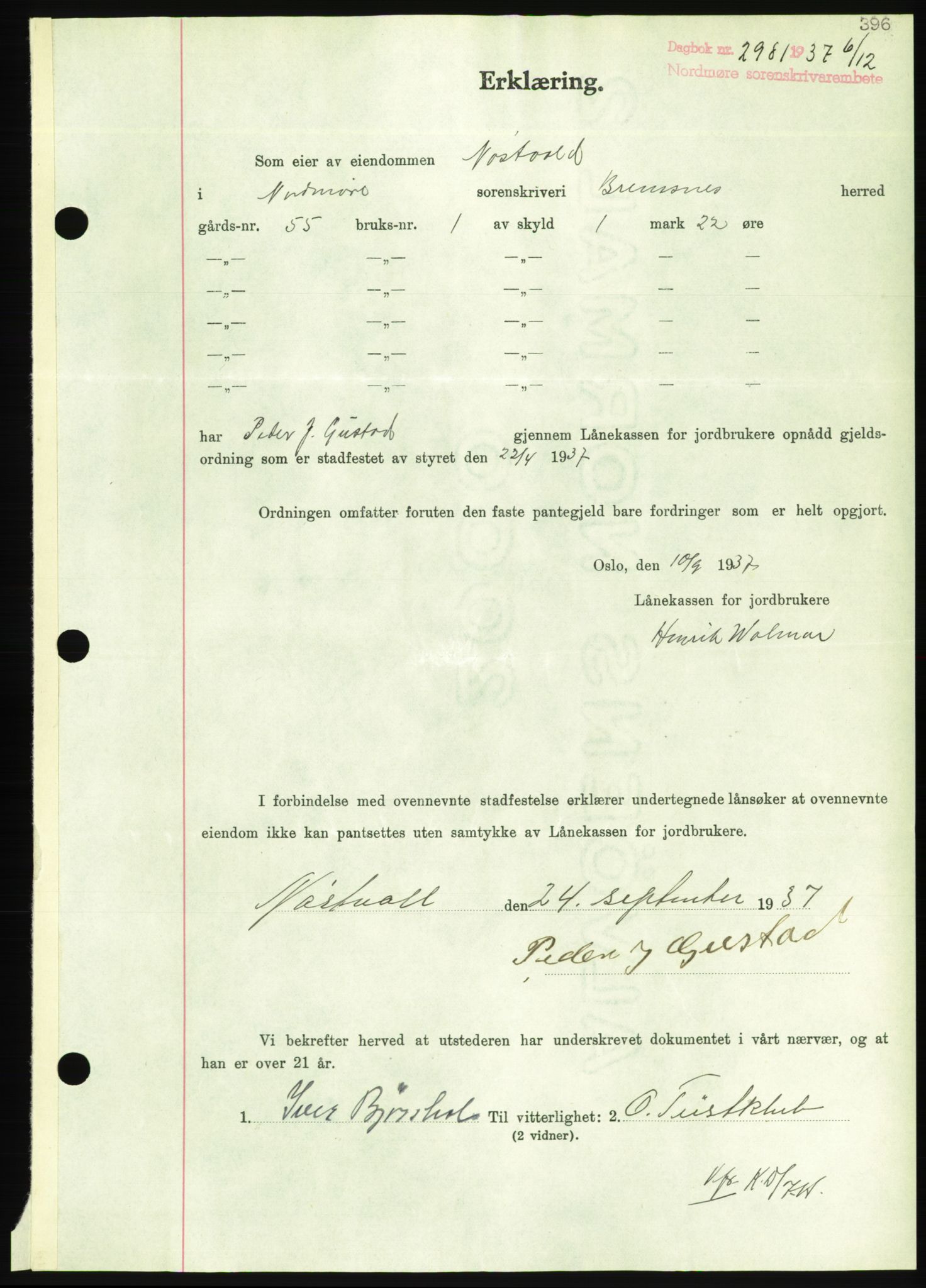 Nordmøre sorenskriveri, AV/SAT-A-4132/1/2/2Ca/L0092: Mortgage book no. B82, 1937-1938, Diary no: : 2981/1937