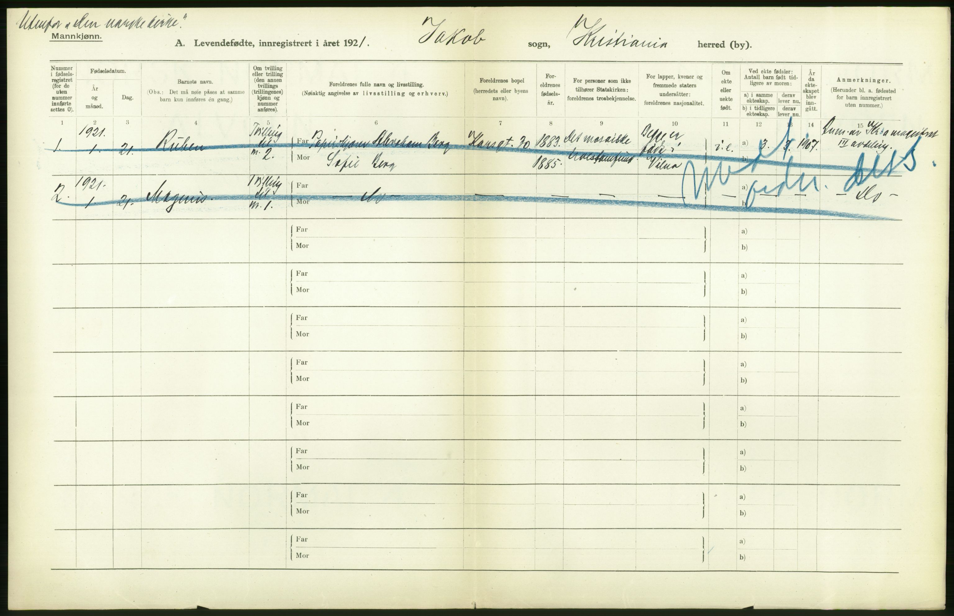 Statistisk sentralbyrå, Sosiodemografiske emner, Befolkning, RA/S-2228/D/Df/Dfc/Dfca/L0010: Kristiania: Levendefødte menn og kvinner., 1921, p. 424