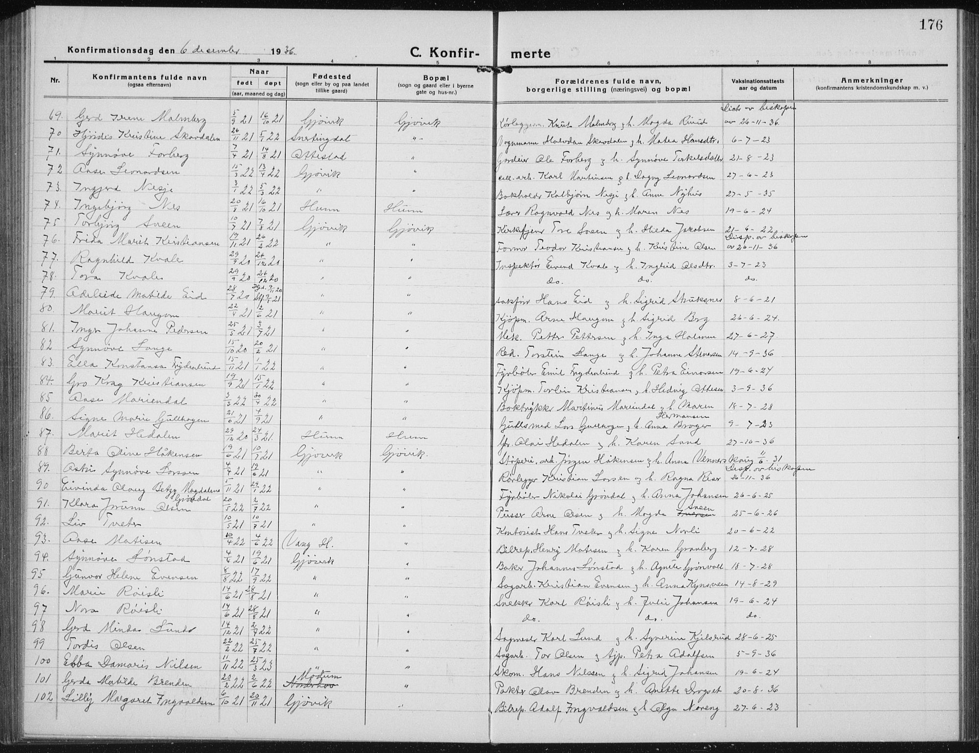 Vardal prestekontor, AV/SAH-PREST-100/H/Ha/Hab/L0017: Parish register (copy) no. 17, 1922-1941, p. 176