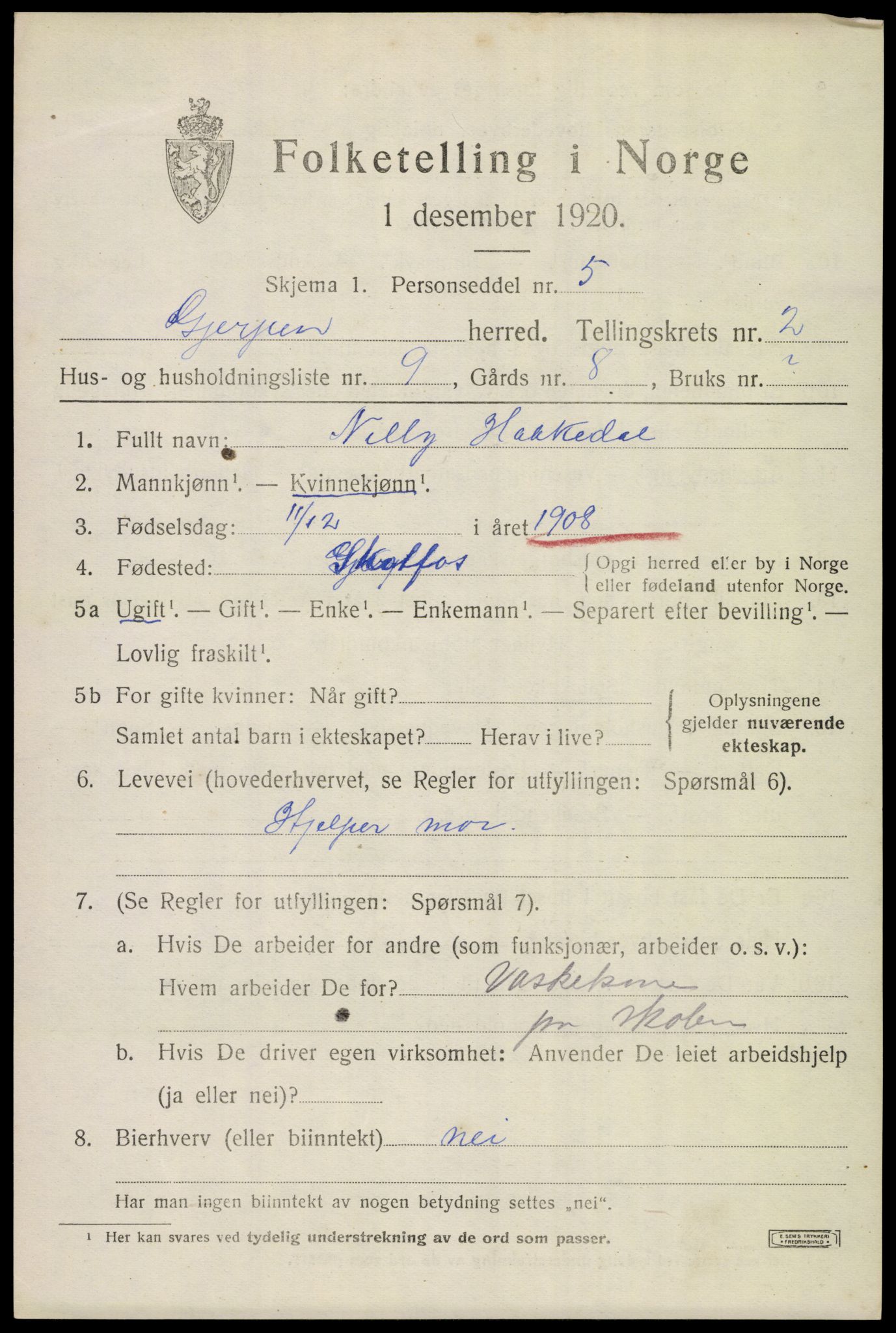 SAKO, 1920 census for Gjerpen, 1920, p. 4196