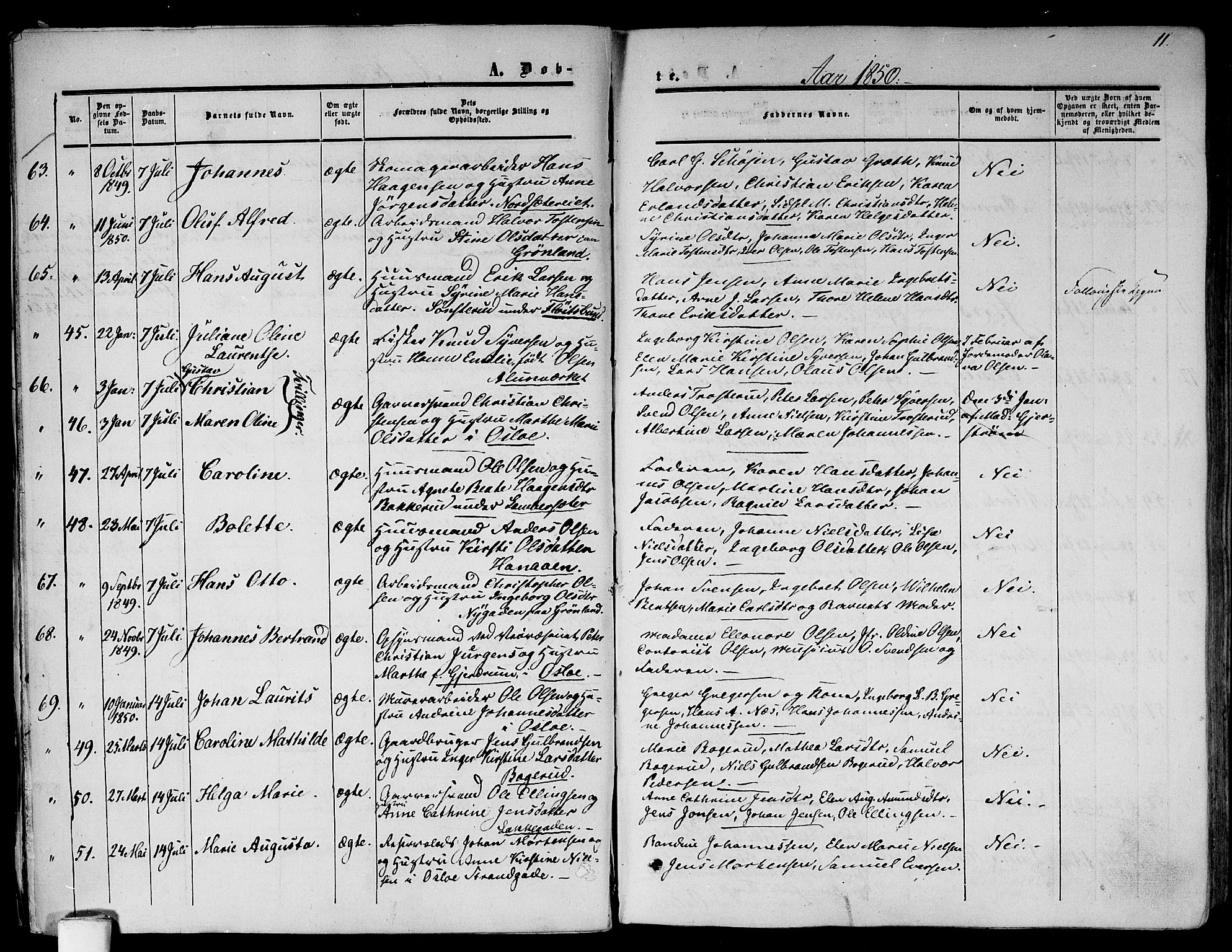 Gamlebyen prestekontor Kirkebøker, SAO/A-10884/F/Fa/L0004: Parish register (official) no. 4, 1850-1857, p. 11