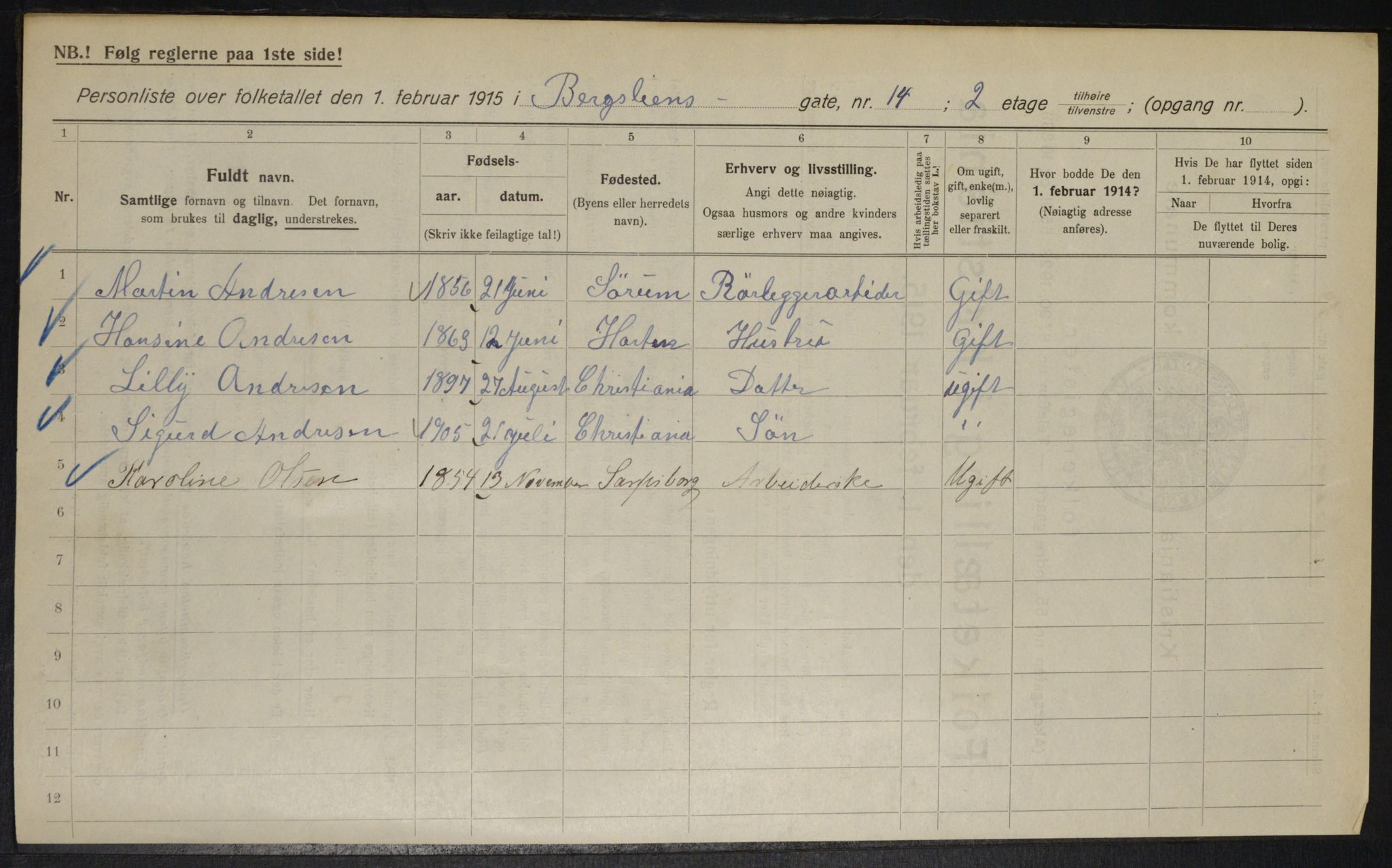 OBA, Municipal Census 1915 for Kristiania, 1915, p. 4371