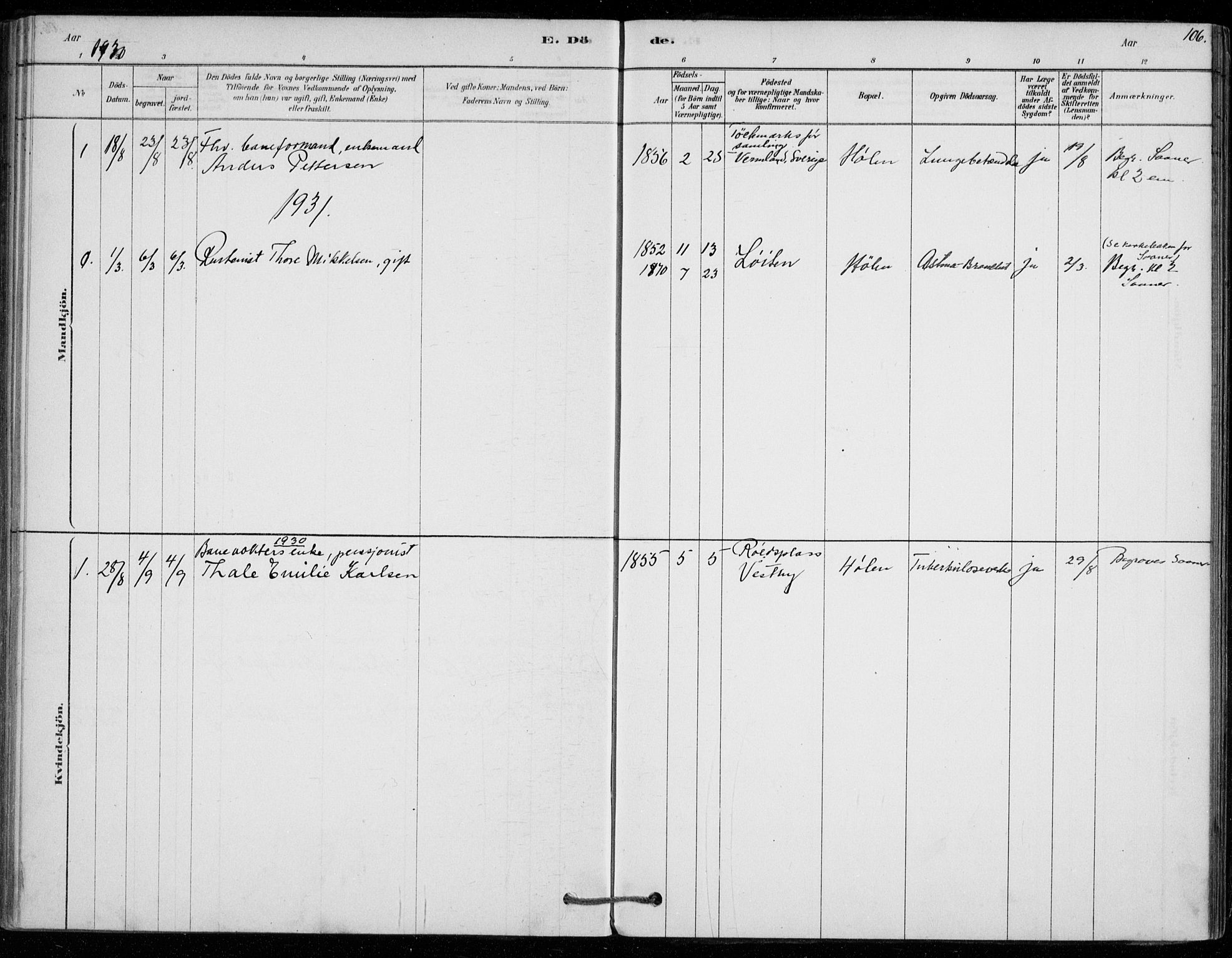 Vestby prestekontor Kirkebøker, SAO/A-10893/F/Fe/L0001: Parish register (official) no. V 1, 1878-1931, p. 106