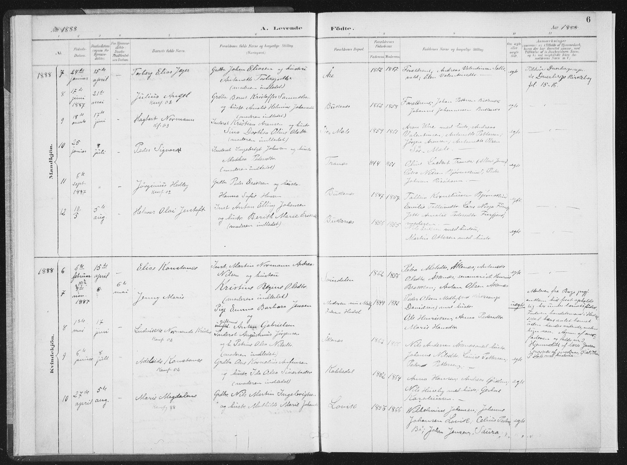 Ministerialprotokoller, klokkerbøker og fødselsregistre - Nordland, AV/SAT-A-1459/898/L1422: Parish register (official) no. 898A02, 1887-1908, p. 6