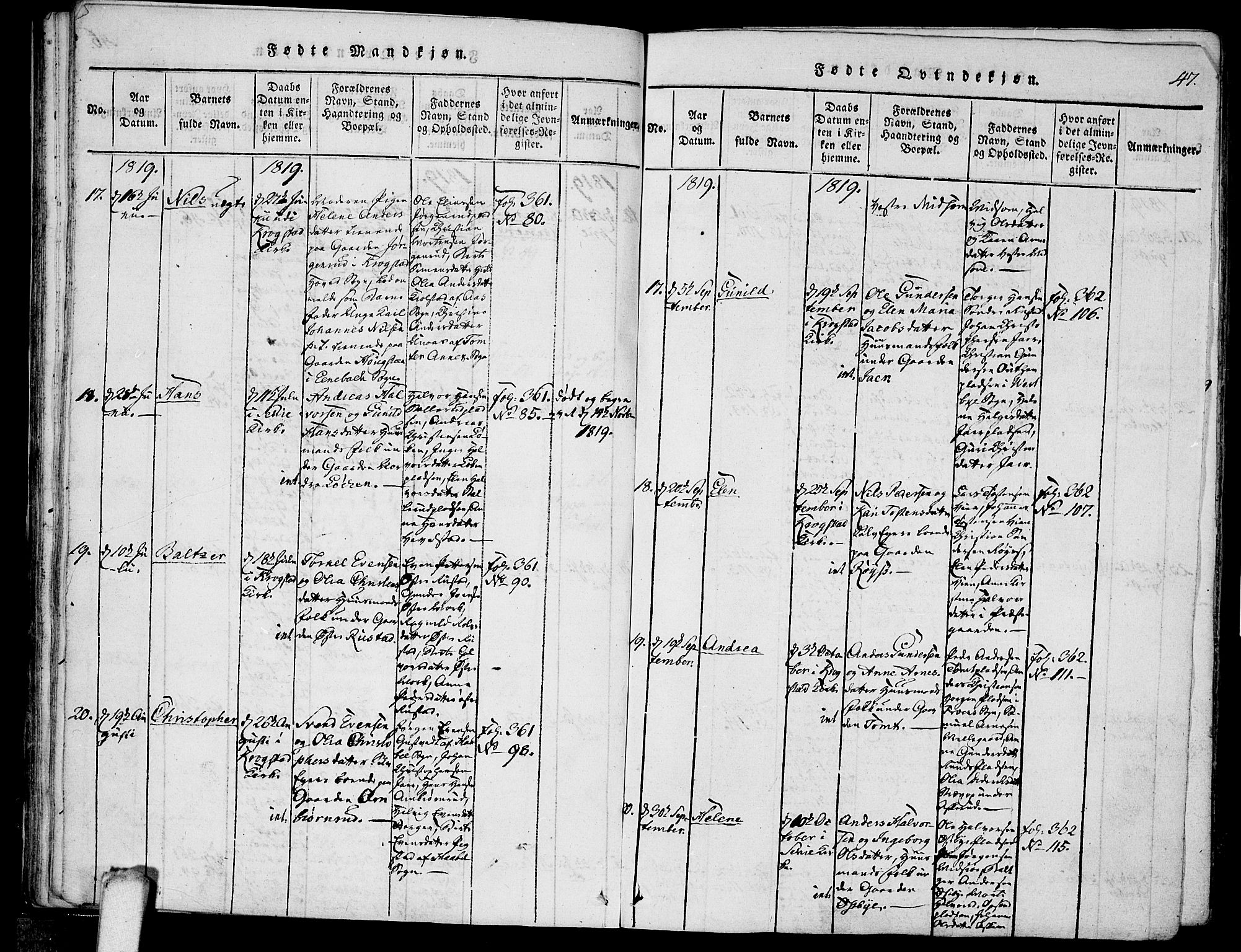 Kråkstad prestekontor Kirkebøker, AV/SAO-A-10125a/F/Fa/L0003: Parish register (official) no. I 3, 1813-1824, p. 47