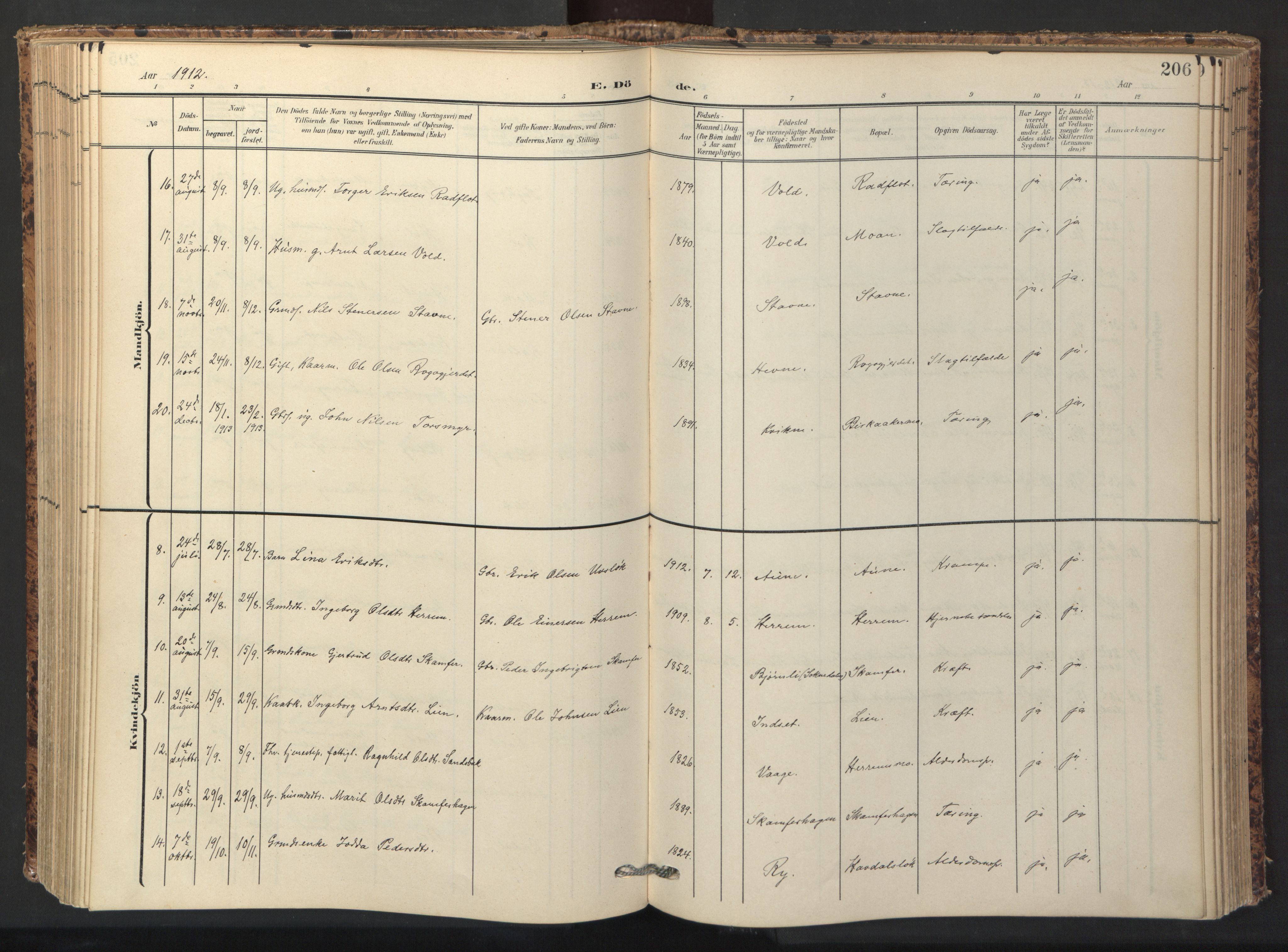 Ministerialprotokoller, klokkerbøker og fødselsregistre - Sør-Trøndelag, AV/SAT-A-1456/674/L0873: Parish register (official) no. 674A05, 1908-1923, p. 206