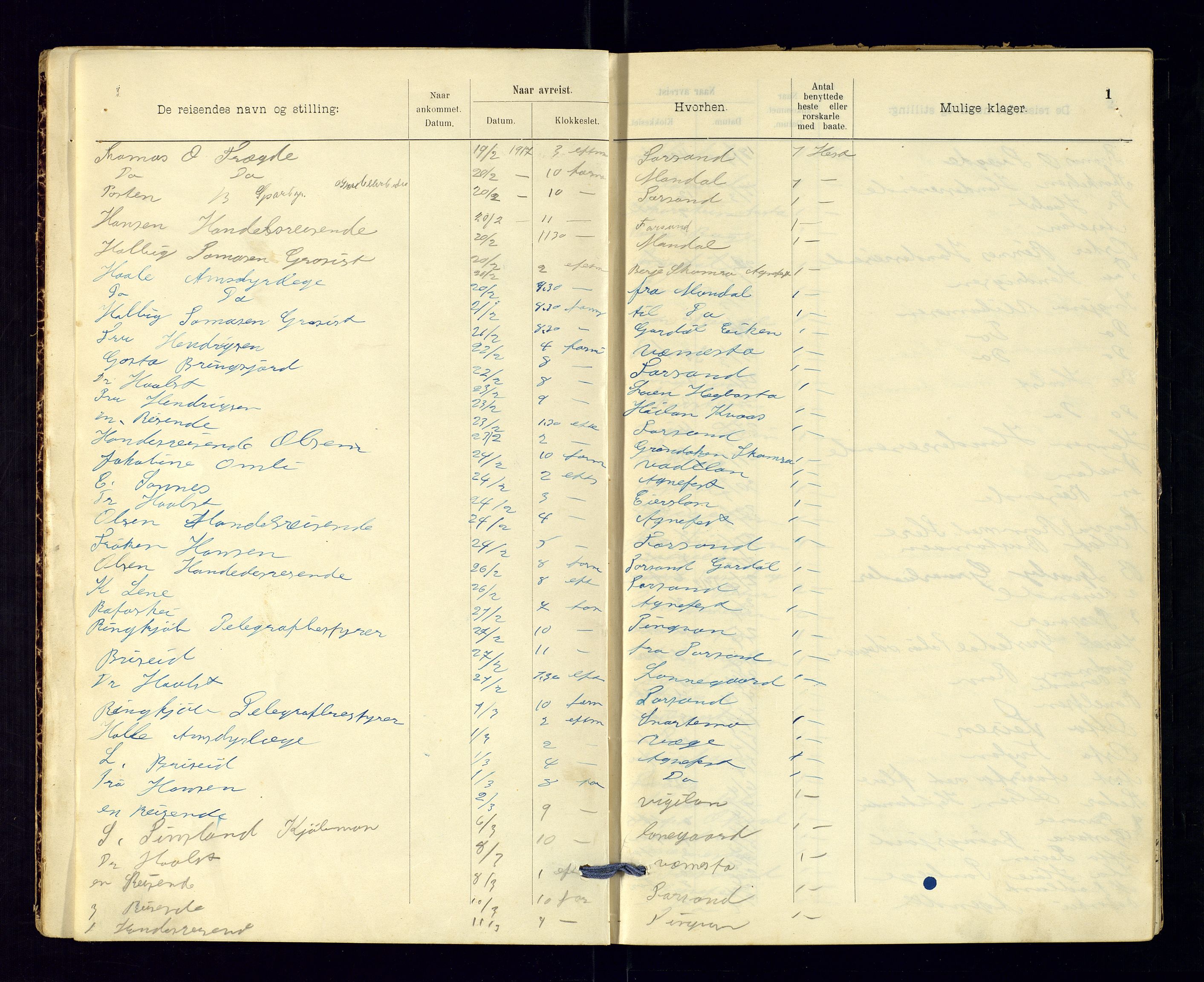 Vest-Agder politikammer, AV/SAK-1243-0008/K/Ka/L0084: Passprotokoll, 1918-1920, p. 1