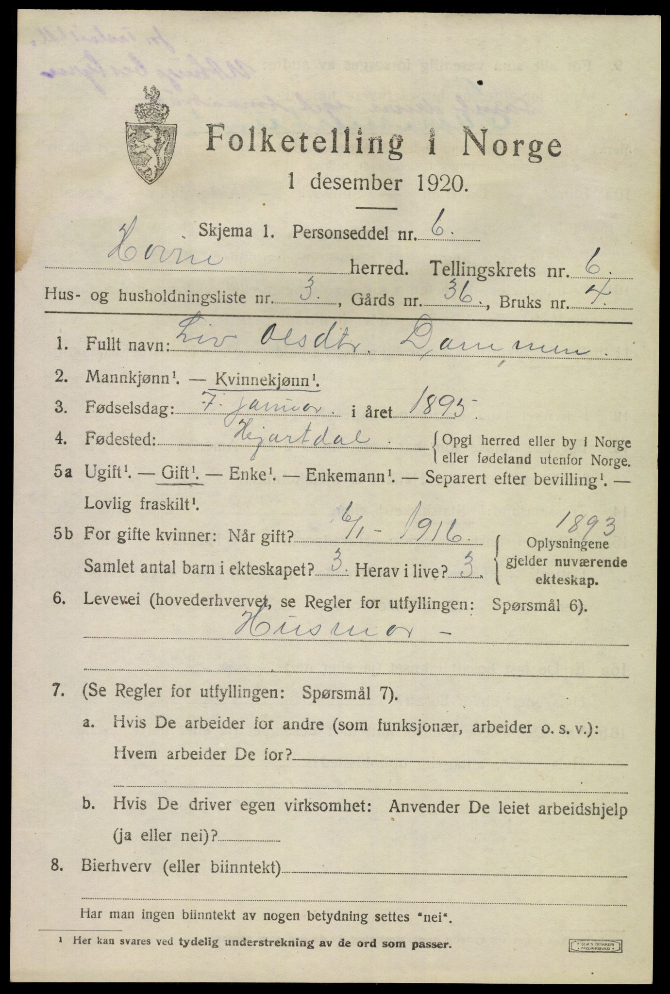 SAKO, 1920 census for Hovin, 1920, p. 1465