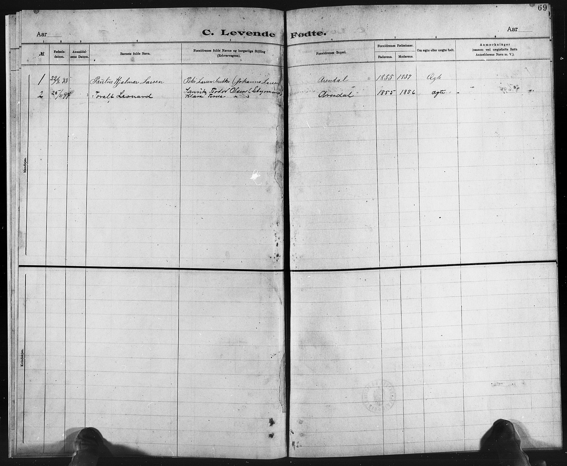 Adventistmenigheten, Arendal, SAK/1292-0001/F/Fa/L0001: Dissenter register no. F 10, 1892-1895, p. 69