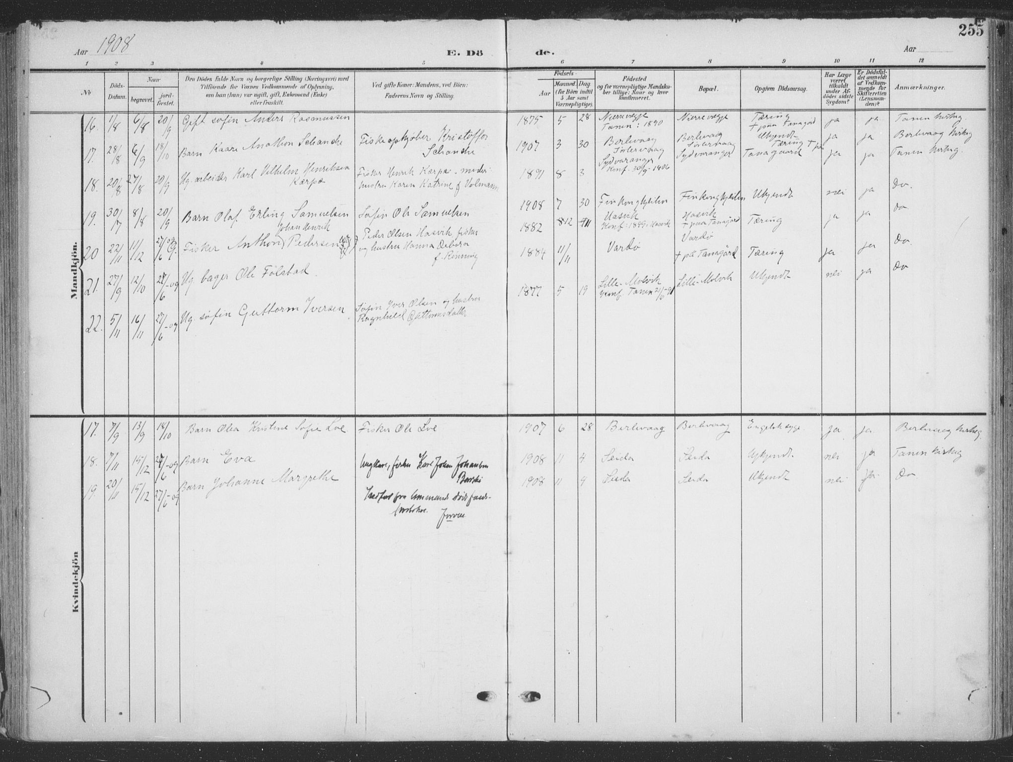 Tana sokneprestkontor, AV/SATØ-S-1334/H/Ha/L0007kirke: Parish register (official) no. 7, 1904-1918, p. 255