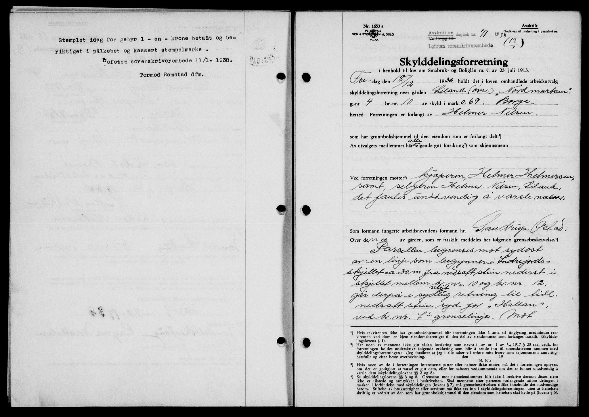 Lofoten sorenskriveri, SAT/A-0017/1/2/2C/L0003a: Mortgage book no. 3a, 1937-1938, Diary no: : 71/1938