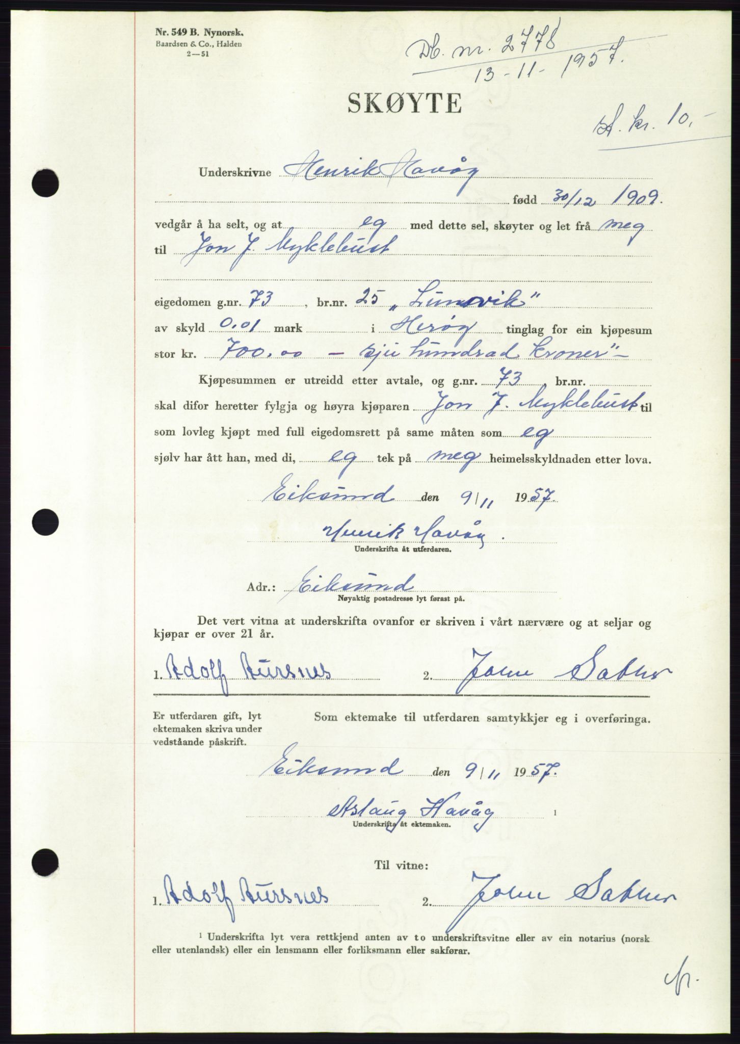 Søre Sunnmøre sorenskriveri, AV/SAT-A-4122/1/2/2C/L0108: Mortgage book no. 34A, 1957-1958, Diary no: : 2778/1957
