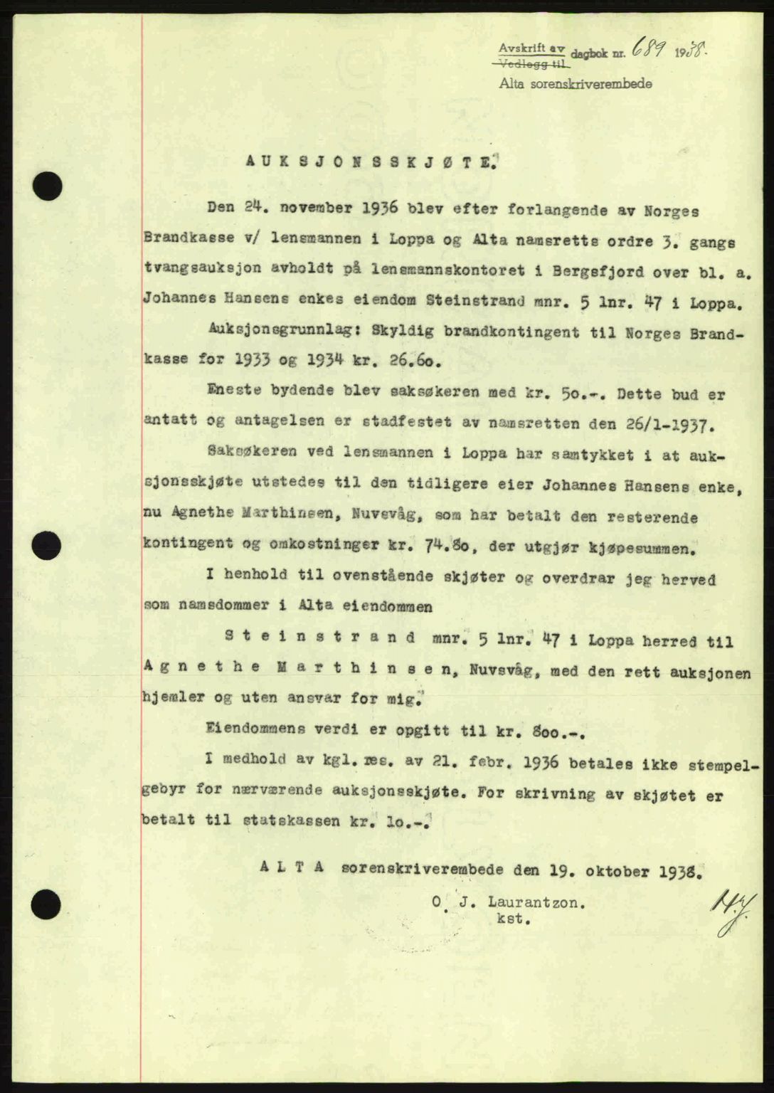 Alta fogderi/sorenskriveri, SATØ/SATØ-5/1/K/Kd/L0031pantebok: Mortgage book no. 31, 1938-1939, Diary no: : 689/1938