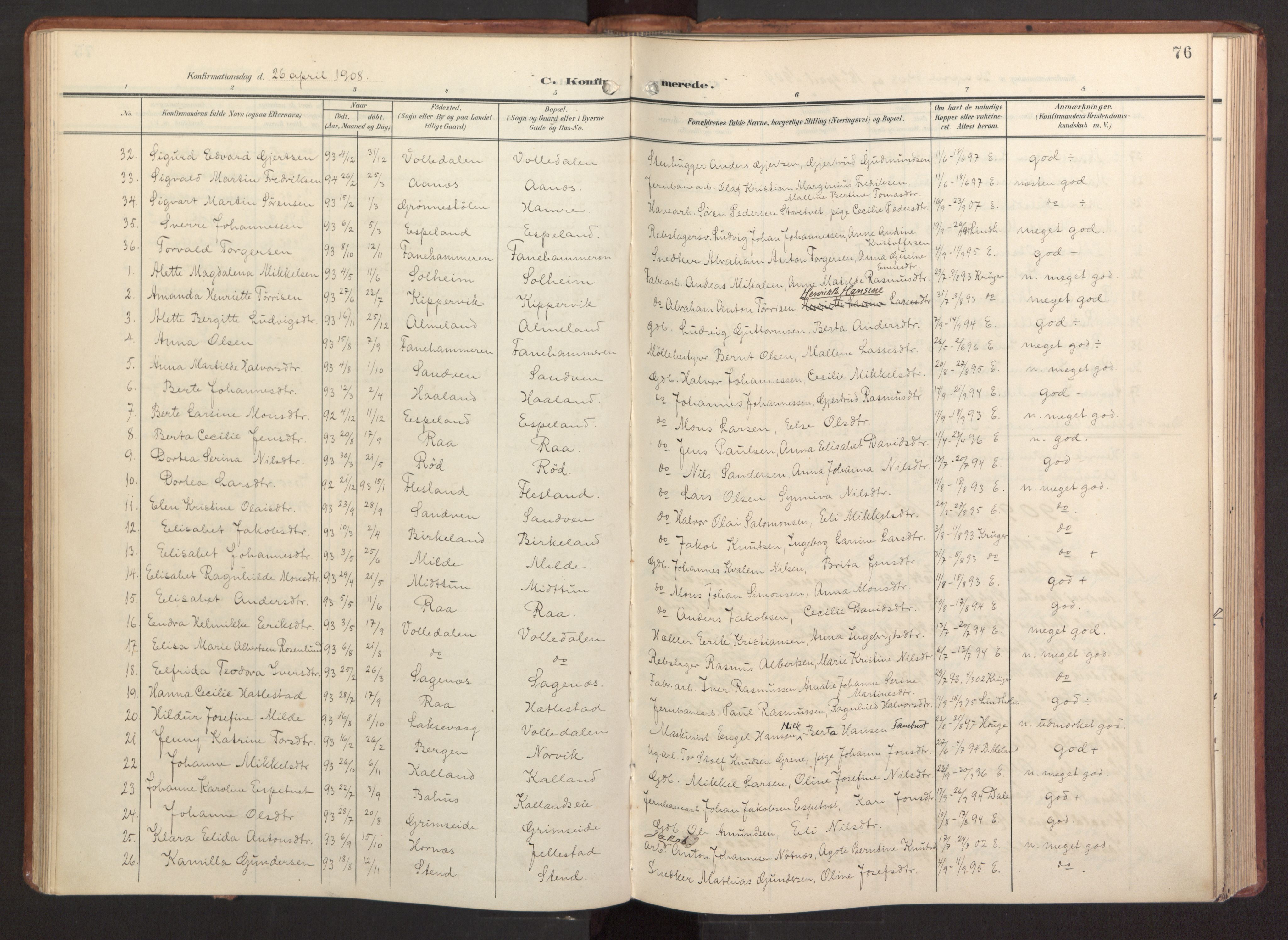 Fana Sokneprestembete, AV/SAB-A-75101/H/Haa/Haab/L0004: Parish register (official) no. B 4, 1908-1915, p. 76