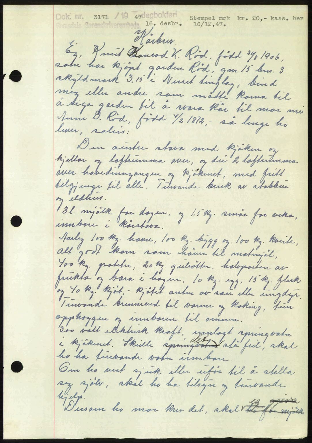 Romsdal sorenskriveri, SAT/A-4149/1/2/2C: Mortgage book no. A24, 1947-1947, Diary no: : 3171/1947