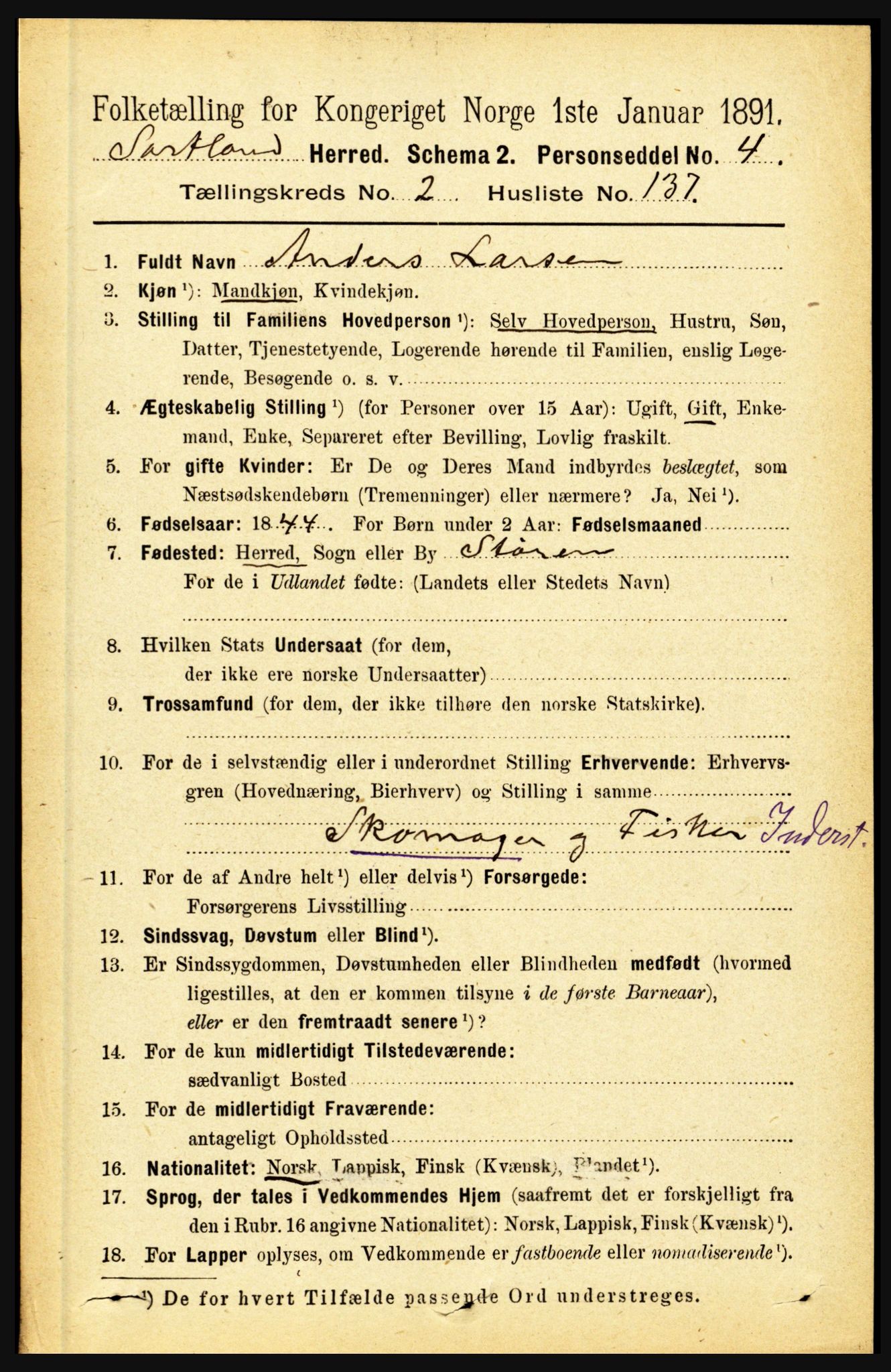 RA, 1891 census for 1870 Sortland, 1891, p. 2036