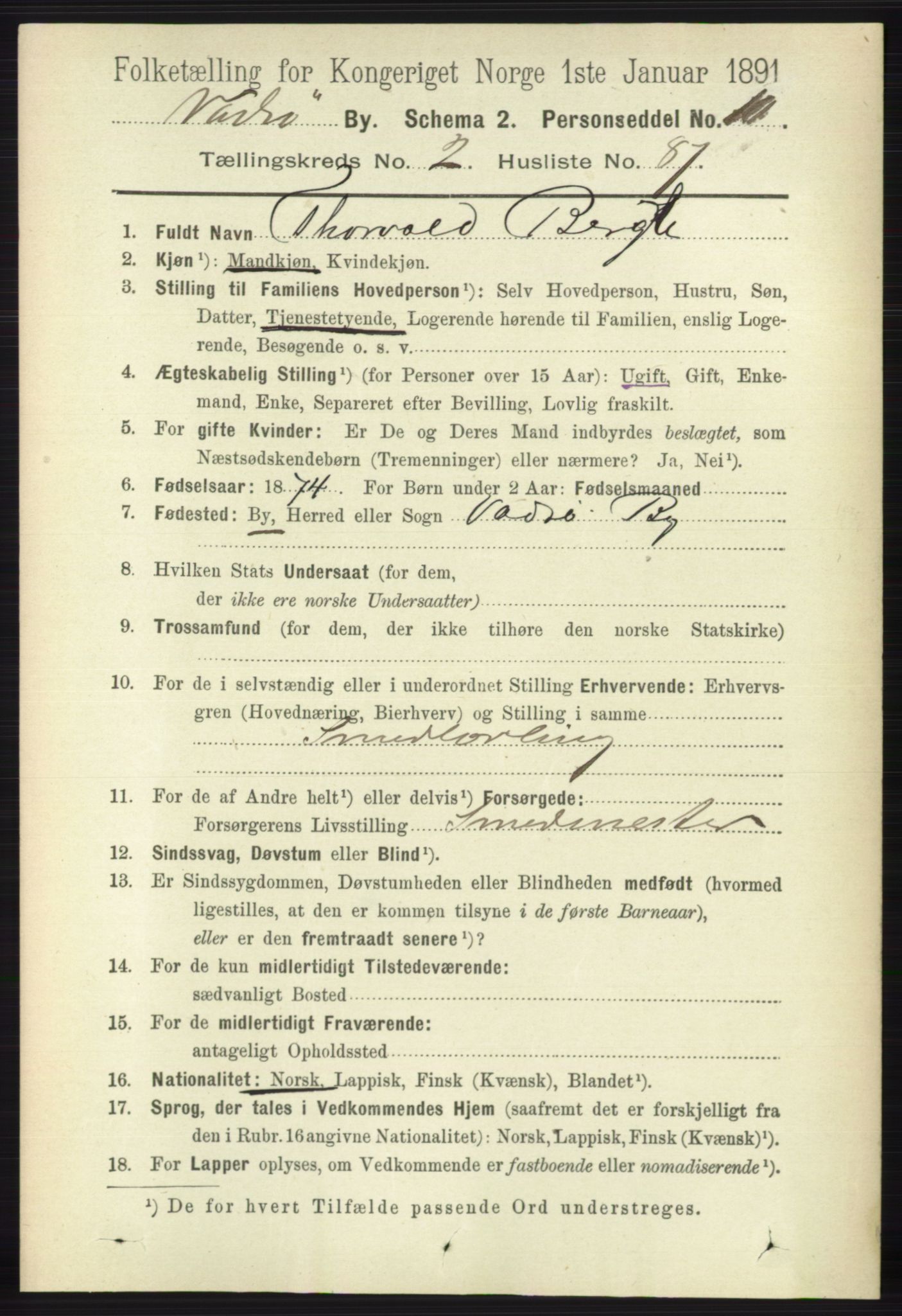 RA, 1891 census for 2003 Vadsø, 1891, p. 1536