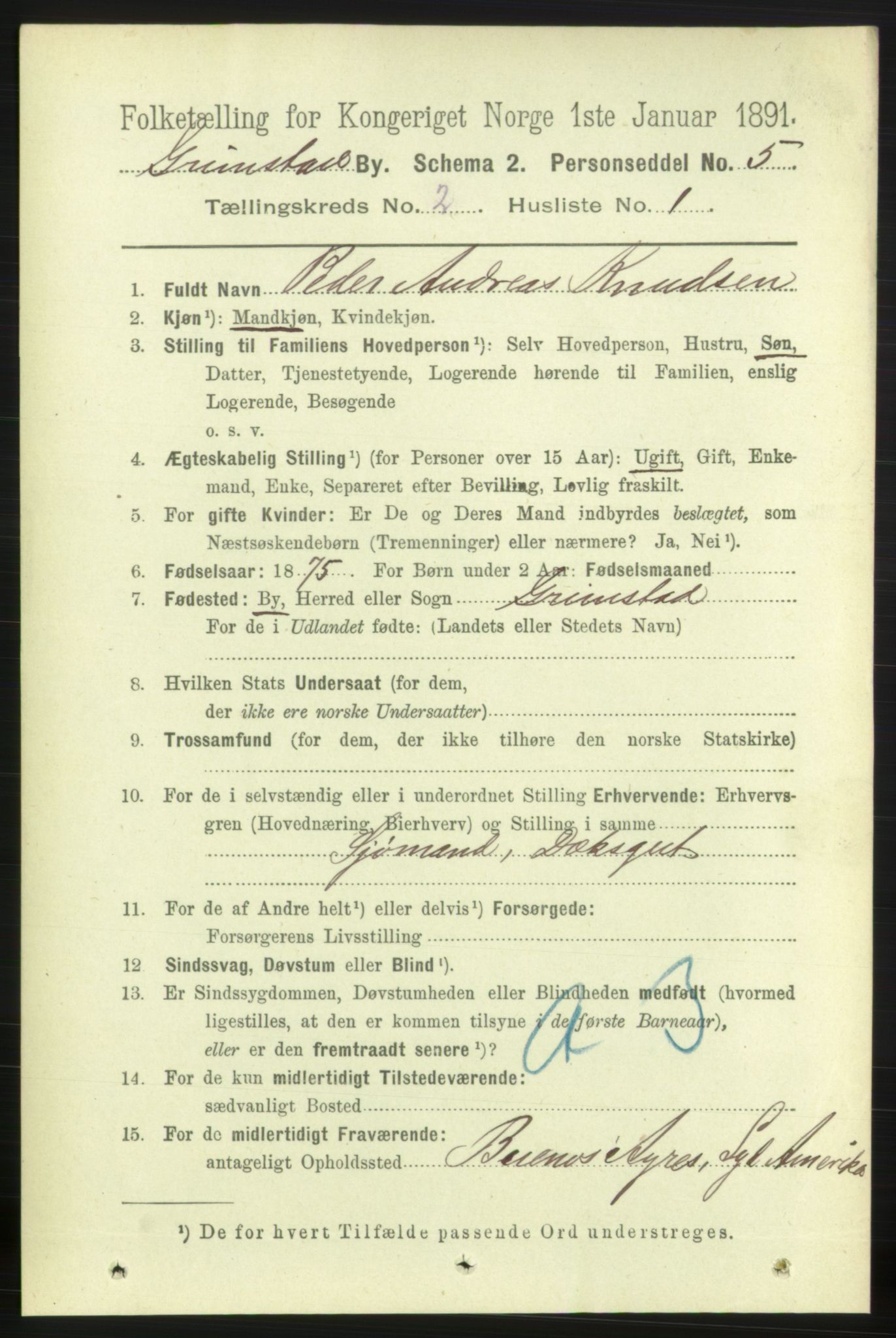 RA, 1891 census for 0904 Grimstad, 1891, p. 1498