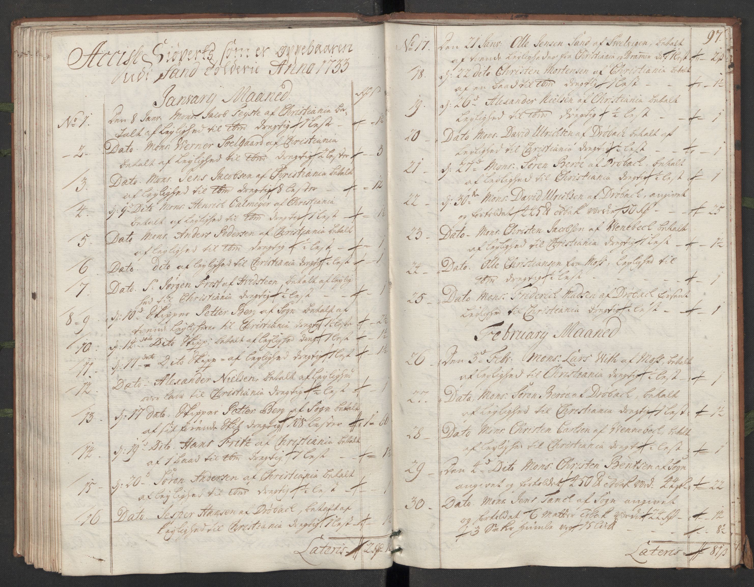 Generaltollkammeret, tollregnskaper, AV/RA-EA-5490/R07/L0010/0001: Tollregnskaper Sand / Hovedtollbok, 1733, p. 96b-97a