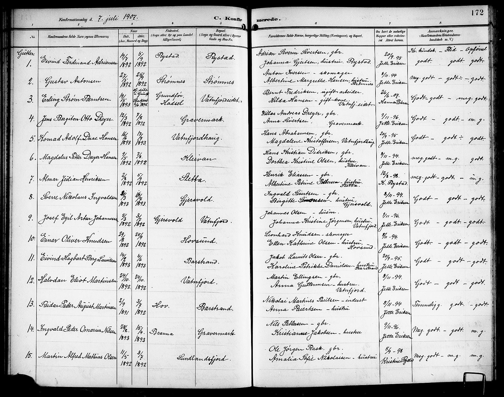 Ministerialprotokoller, klokkerbøker og fødselsregistre - Nordland, AV/SAT-A-1459/876/L1105: Parish register (copy) no. 876C04, 1896-1914, p. 172