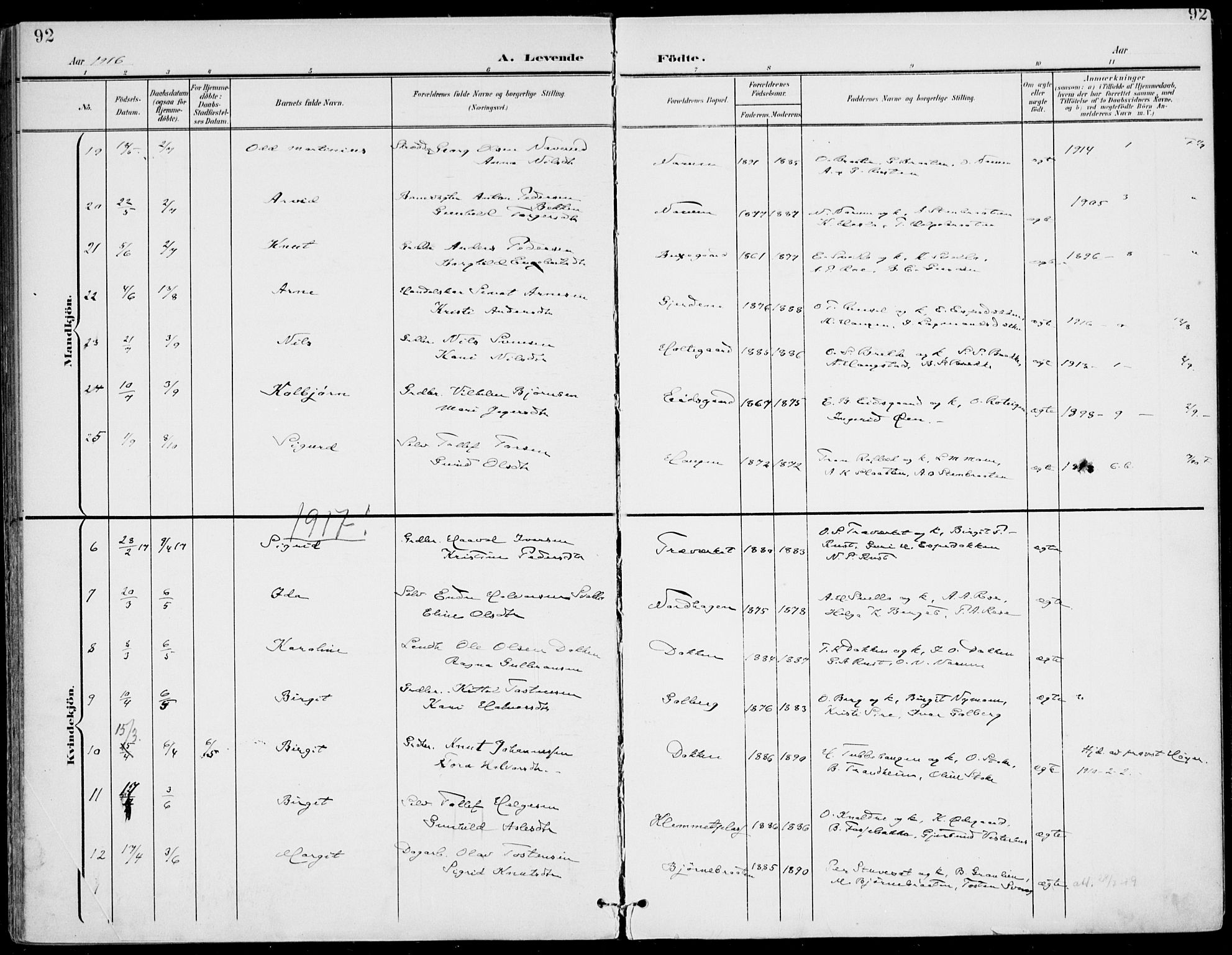 Gol kirkebøker, SAKO/A-226/F/Fa/L0006: Parish register (official) no. I 6, 1901-1918, p. 92