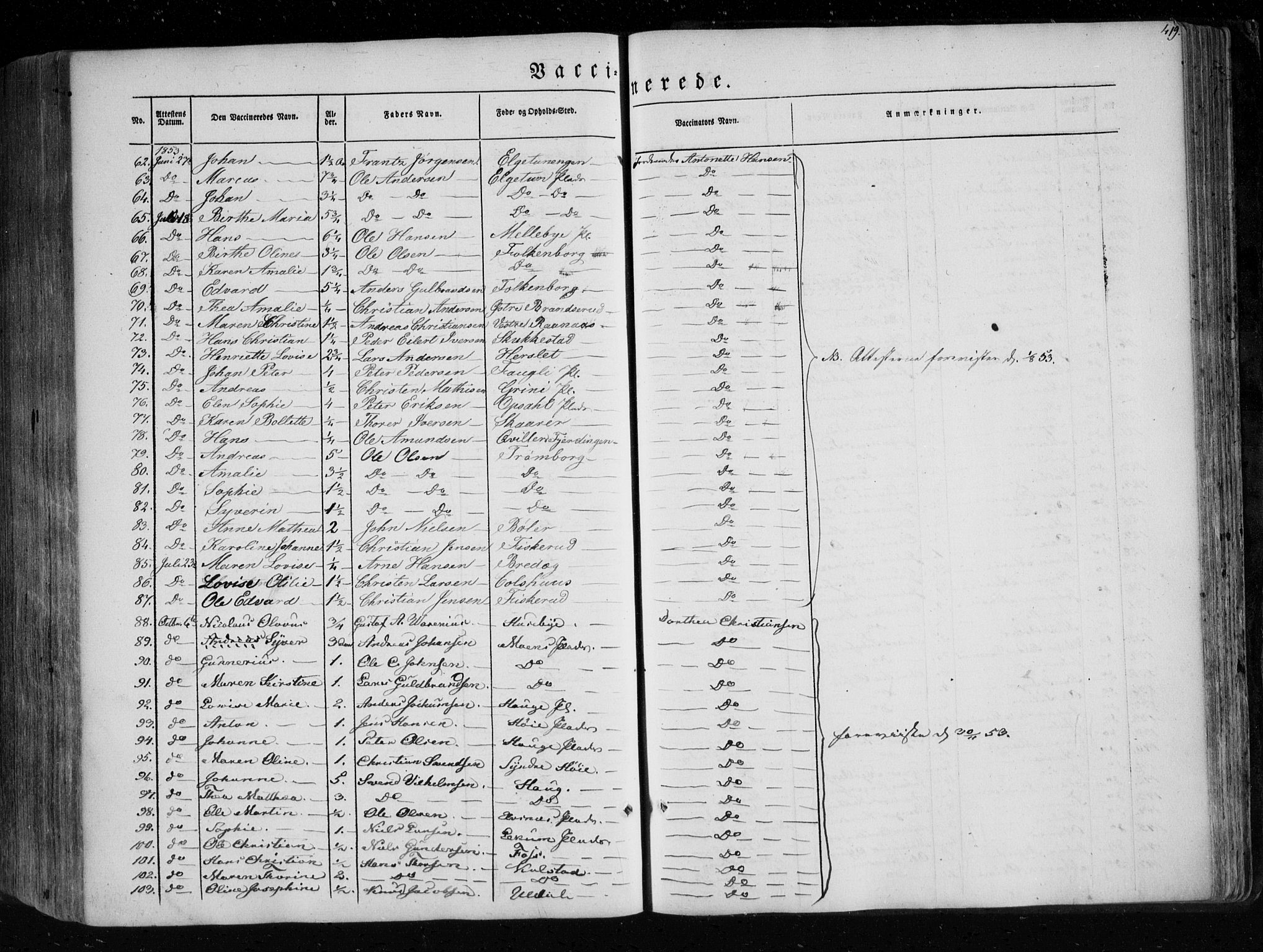 Eidsberg prestekontor Kirkebøker, SAO/A-10905/F/Fa/L0009: Parish register (official) no. I 9, 1849-1856, p. 419