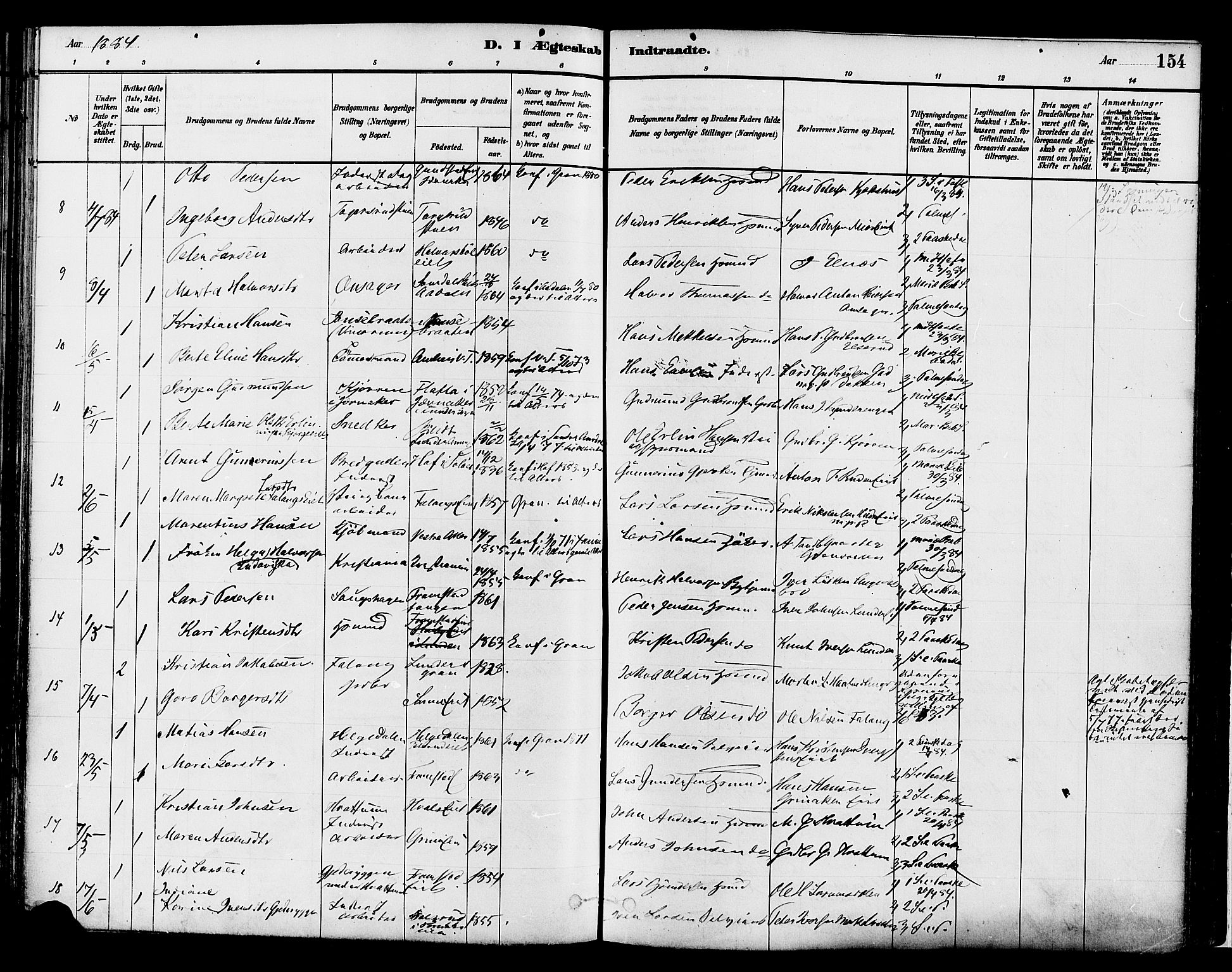 Gran prestekontor, SAH/PREST-112/H/Ha/Haa/L0014: Parish register (official) no. 14, 1880-1889, p. 154
