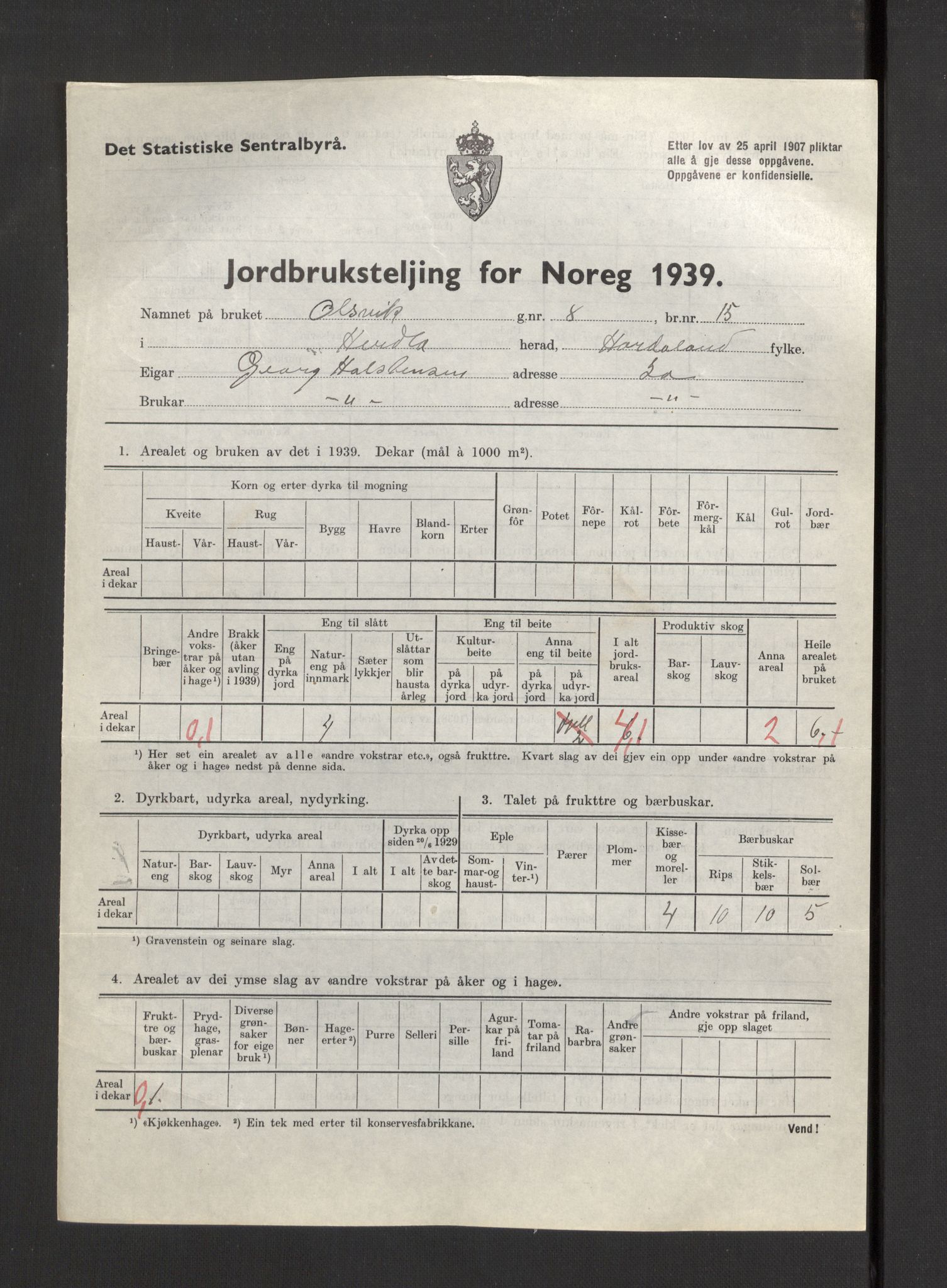 Statistisk sentralbyrå, Næringsøkonomiske emner, Jordbruk, skogbruk, jakt, fiske og fangst, AV/RA-S-2234/G/Gb/L0211: Hordaland: Herdla, Hjelme og Manger, 1939, p. 223