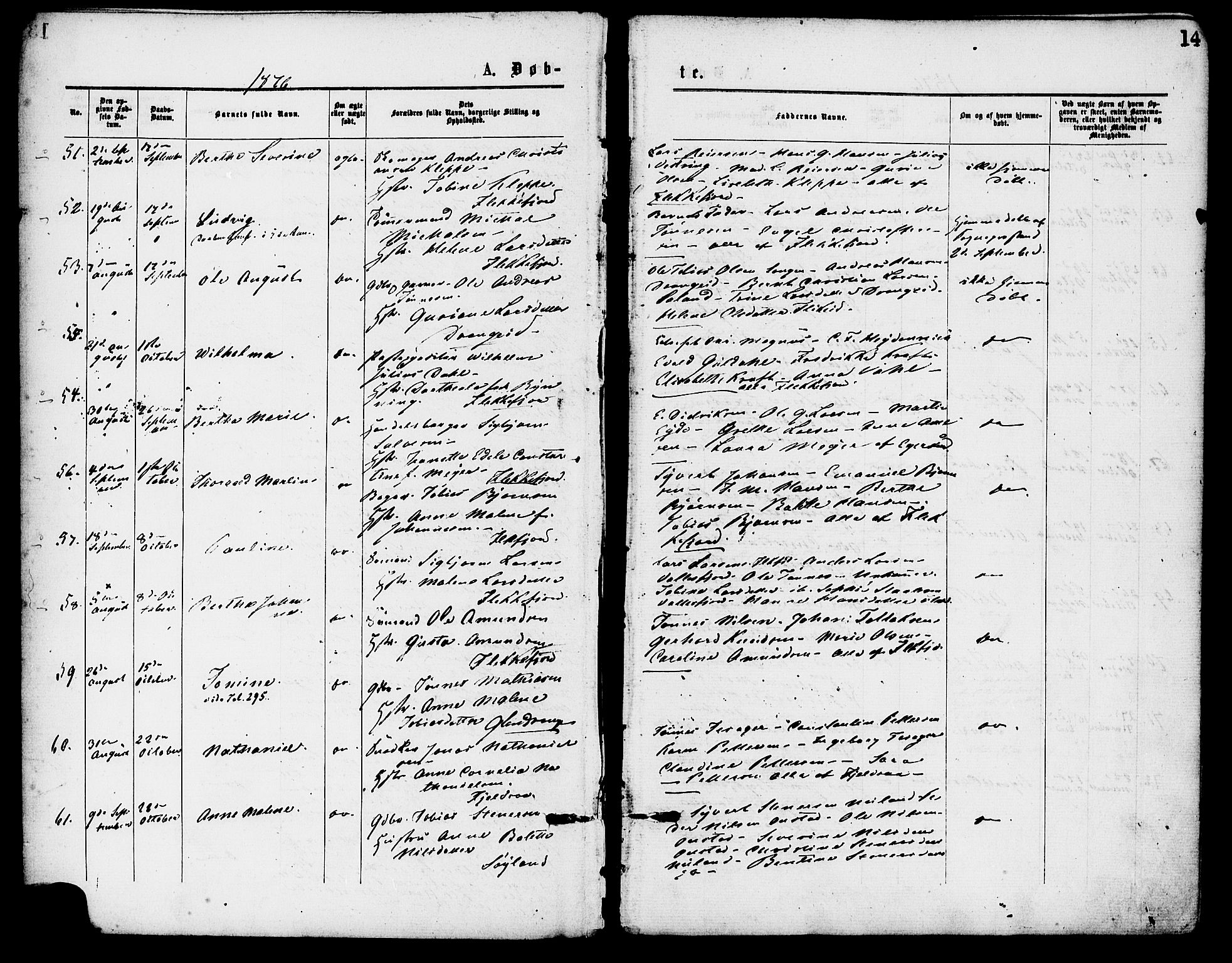 Flekkefjord sokneprestkontor, AV/SAK-1111-0012/F/Fa/Fac/L0007: Parish register (official) no. A 7, 1875-1885, p. 14